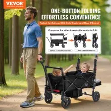VEVOR Wagon Stroller for 2 Kids, Push Pull Quad Collapsible Stroller with Adjustable Handle, Encircling Harness Removable Canopy, 4 Wheels with Brakes, Mutifunction Tandem Stroller for Camping Black