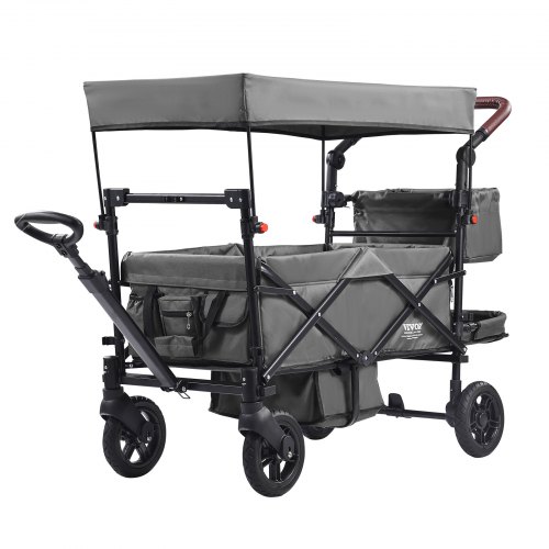 VEVOR Wagon Stroller for 2 Kids, Push Pull Quad Collapsible Stroller with Adjustable Handle, Encircling Harness Removable Canopy, 4 Wheels w/ Brakes,Mutifunction Tandem Stroller for Camping Dark Grey