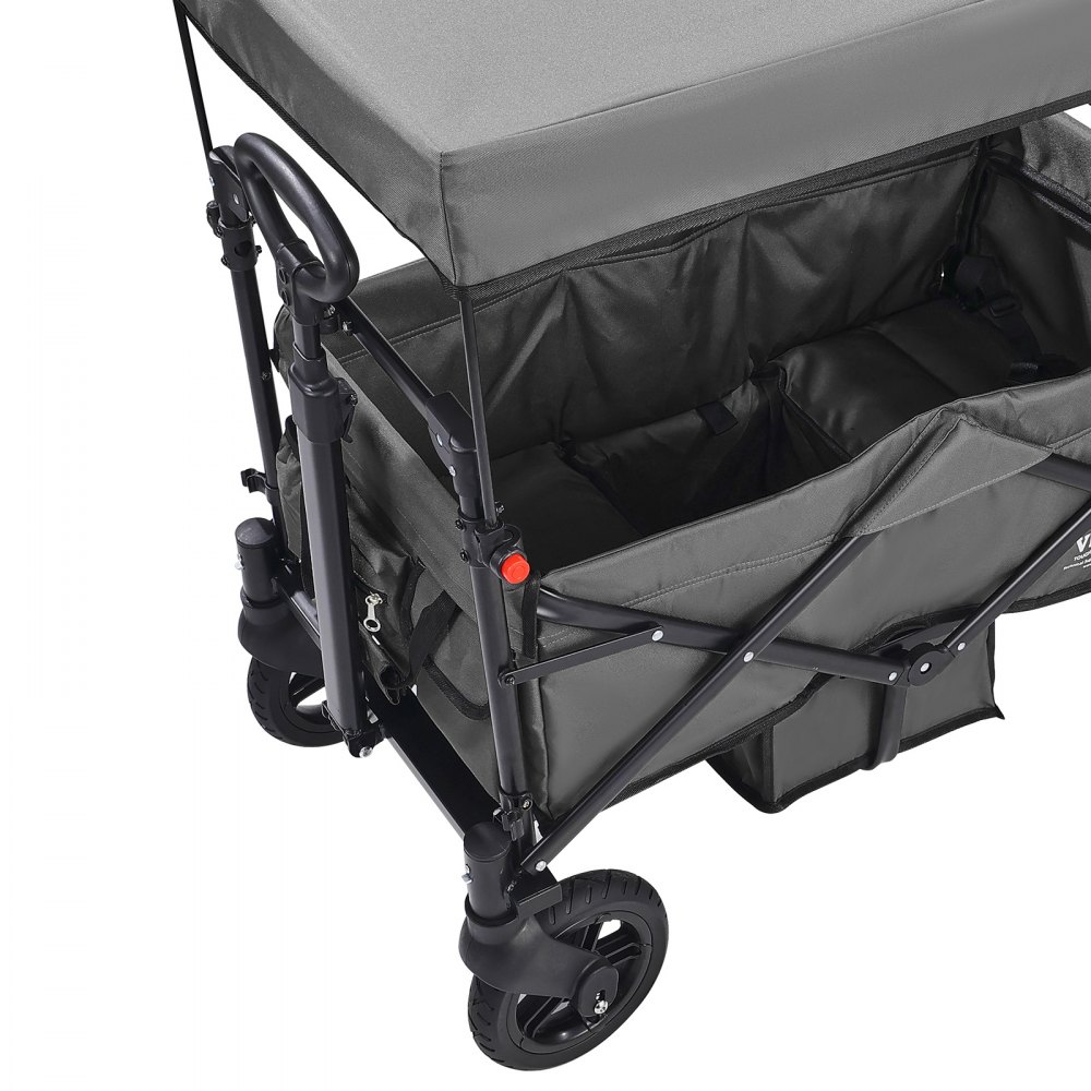 VEVOR Wagon Stroller for 2 Kids, Push Pull Quad Collapsible Stroller with Adjustable Handle, Encircling Harness Removable Canopy, 4 Wheels w/ Brakes,Mutifunction Tandem Stroller for Camping Dark Grey