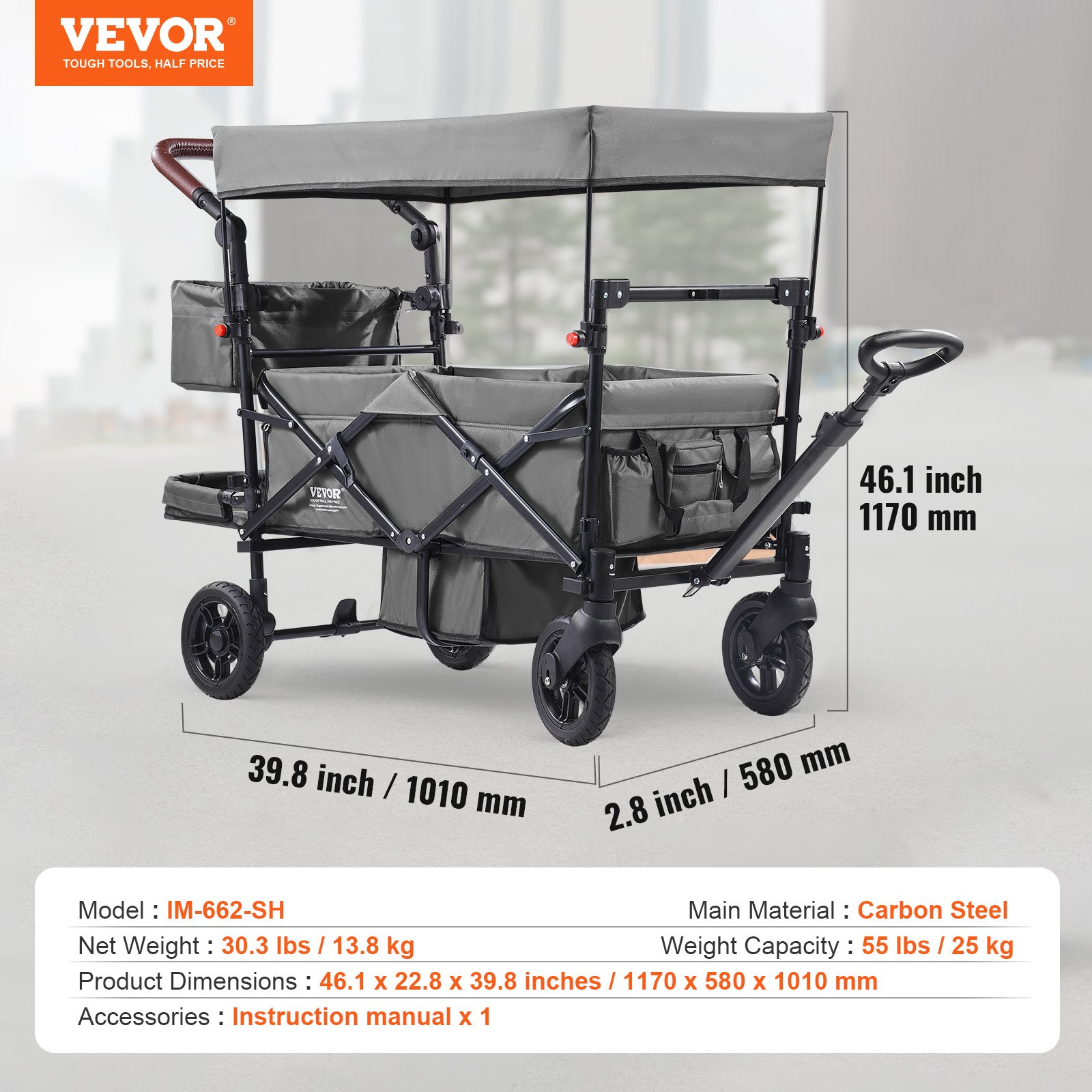 VEVOR Wagon Stroller for 2 Kids, Push Pull Quad Collapsible Stroller with Adjustable Handle, Encircling Harness Removable Canopy, 4 Wheels w/ Brakes,Mutifunction Tandem Stroller for Camping Dark Grey