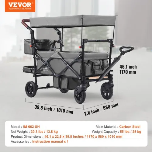 VEVOR Wagon Stroller for Kids, Push Pull Quad Collapsible