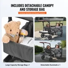 VEVOR Wagon Stroller for 2 Kids, Push Pull Quad Collapsible Stroller with Adjustable Handle, Encircling Harness Removable Canopy, 4 Wheels w/ Brakes, Mutifunction Tandem Stroller for Camping Dark Grey