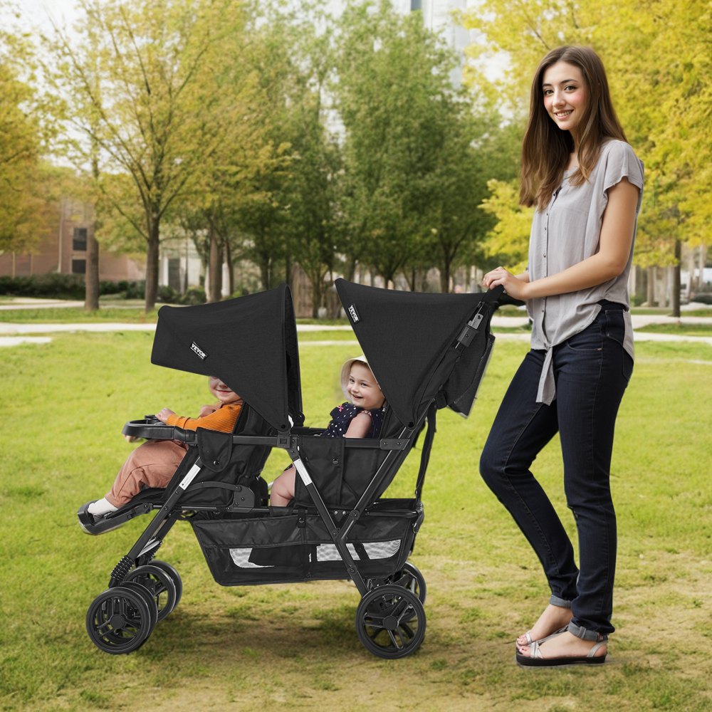 VEVOR Double Stroller, Foldable Lightweight Twin Stroller with Tandem Seating, Adjustable Backrest/Footrest, Wrap-Around Safety Harness, Storage Basket & Tray, for Newborn and Toddler (Black)