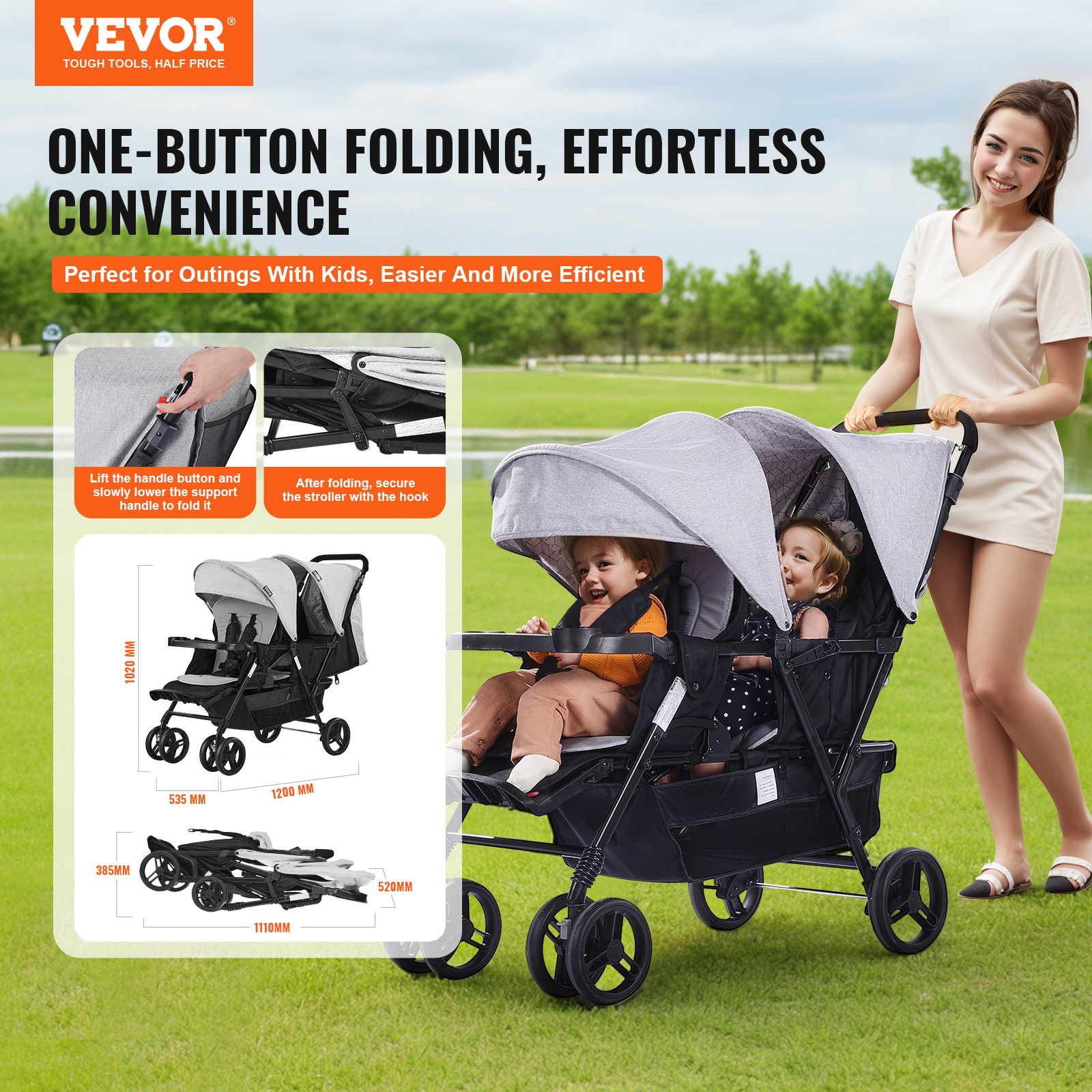 VEVOR Double Stroller, Foldable Lightweight Twin Stroller with Tandem Seating, Adjustable Backrest/Footrest, Wrap-Around Safety Harness,Storage Basket & Tray,for Newborn & Toddler (Light Gray,Black)