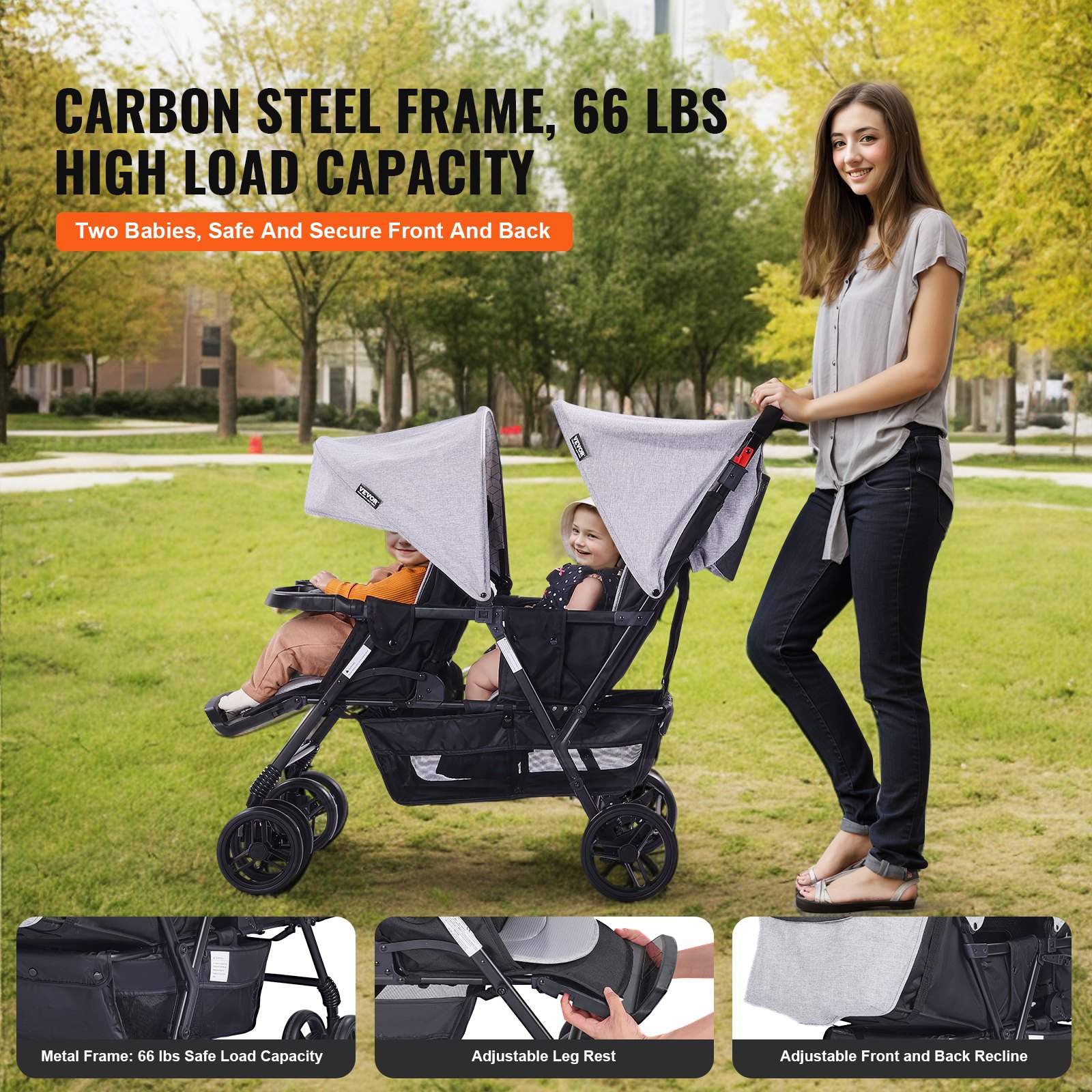VEVOR Double Stroller, Foldable Lightweight Twin Stroller with Tandem Seating, Adjustable Backrest/Footrest, Wrap-Around Safety Harness,Storage Basket & Tray,for Newborn & Toddler (Light Gray,Black)