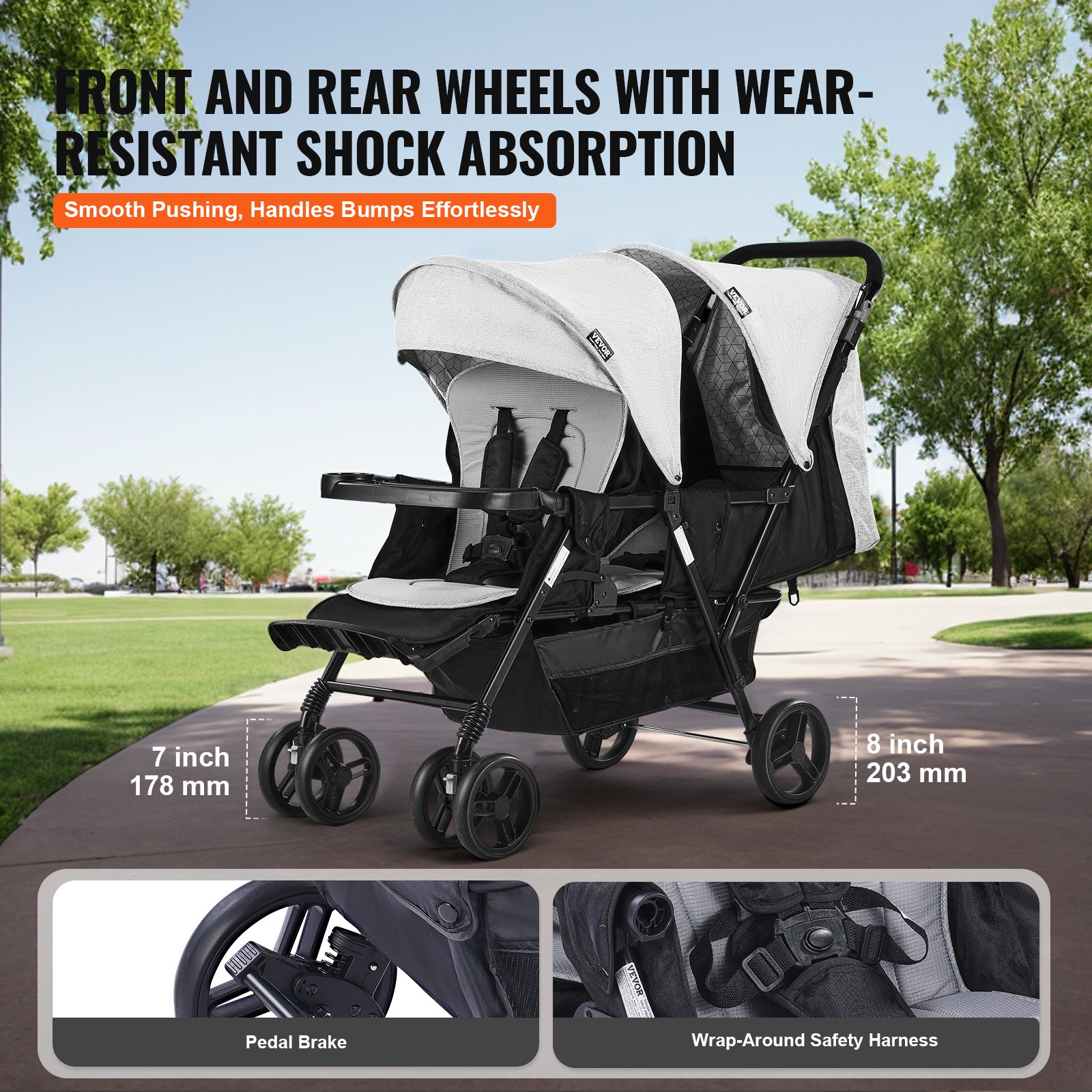 VEVOR Double Stroller, Foldable Lightweight Twin Stroller with Tandem Seating, Adjustable Backrest/Footrest, Wrap-Around Safety Harness,Storage Basket & Tray,for Newborn & Toddler (Light Gray,Black)