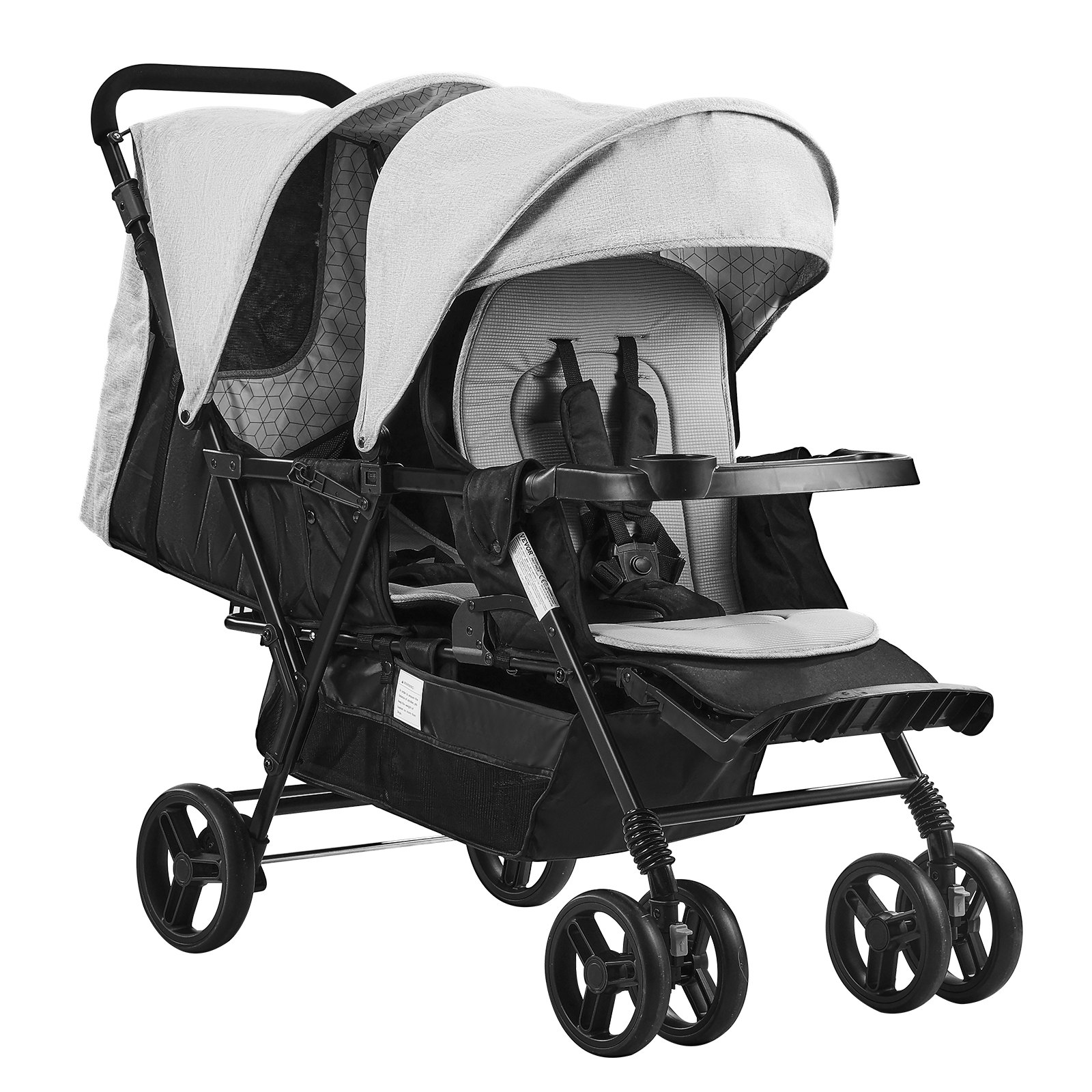 VEVOR Double Stroller, Foldable Lightweight Twin Stroller with Tandem Seating, Adjustable Backrest/Footrest, Wrap-Around Safety Harness,Storage Basket & Tray,for Newborn & Toddler (Light Gray,Black)