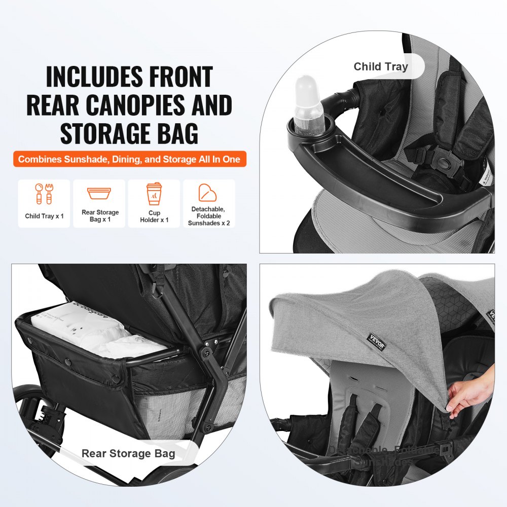 VEVOR Double Stroller, Foldable Lightweight Twin Stroller with Tandem Seating, Adjustable Backrest/Footrest, Wrap-Around Safety Harness, Storage Basket & Tray, for Newborn and Toddler (Dark Gray)