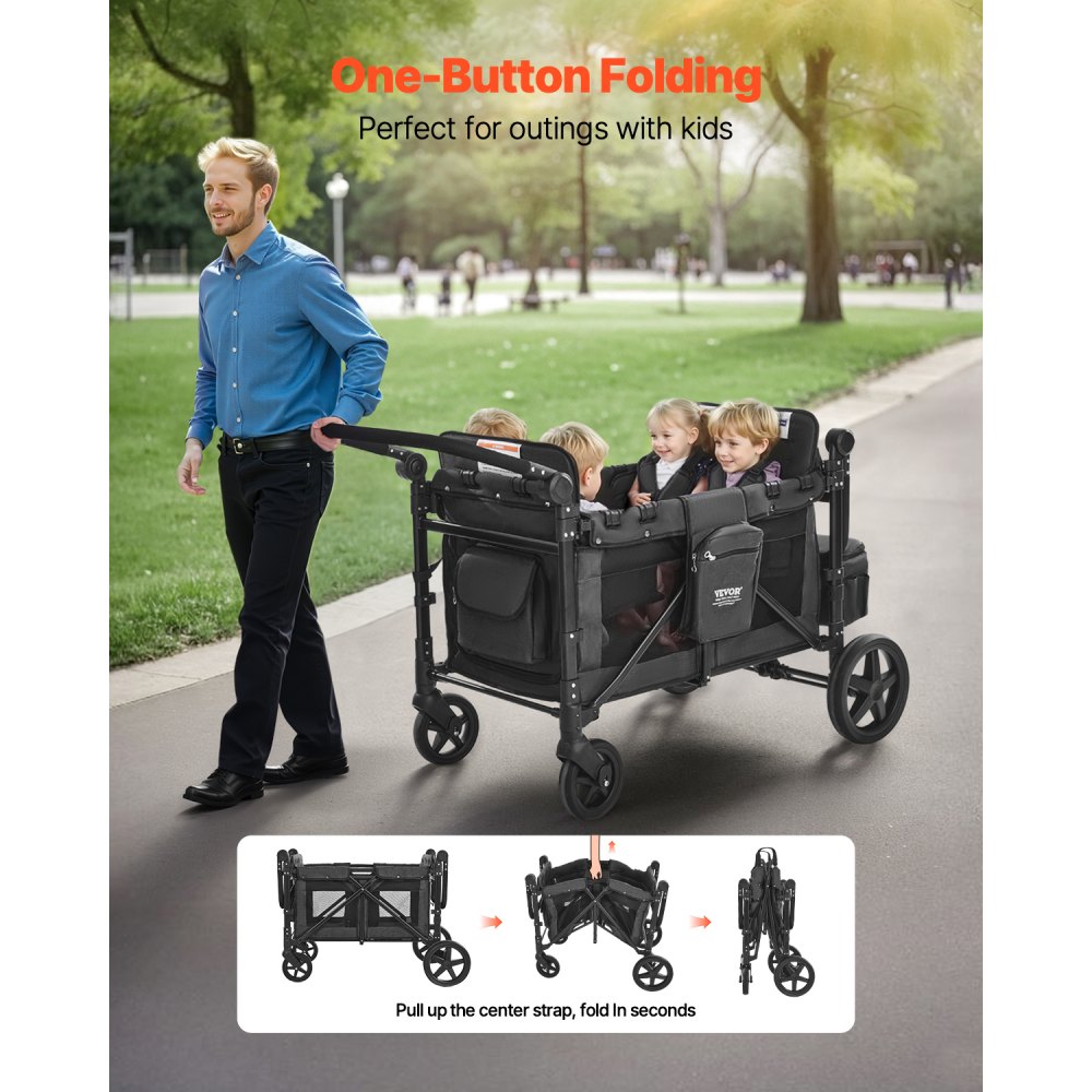VEVOR Wagon Stroller for 4 Kids, Push Pull Quad Collapsible Stroller with Adjustable Handle, Safety Harness & Removable Canopy, 4-Seater Stroller Wagon for Camping, Dark Gray & Black (330LBS Loading)