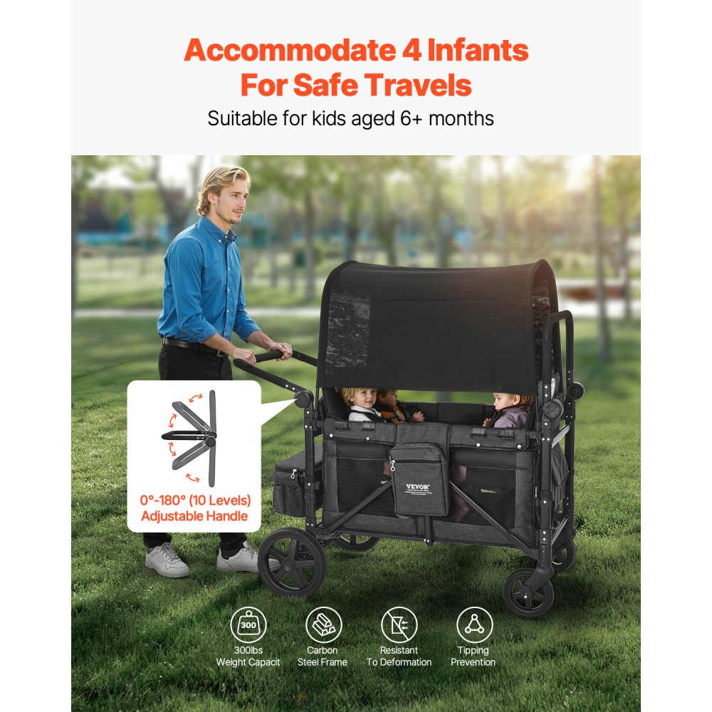 VEVOR Wagon Stroller for 4 Kids, Push Pull Quad Collapsible Stroller with Adjustable Handle, Safety Harness & Removable Canopy, 4-Seater Stroller Wagon for Camping, Dark Gray & Black (330LBS Loading)