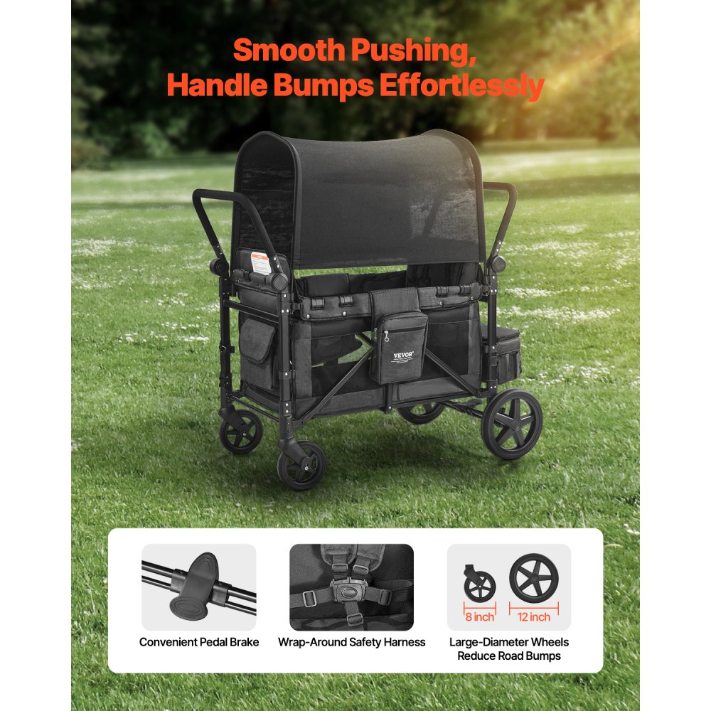 VEVOR Wagon Stroller for 4 Kids, Push Pull Quad Collapsible Stroller with Adjustable Handle, Safety Harness & Removable Canopy, 4-Seater Stroller Wagon for Camping, Dark Gray & Black (330LBS Loading)