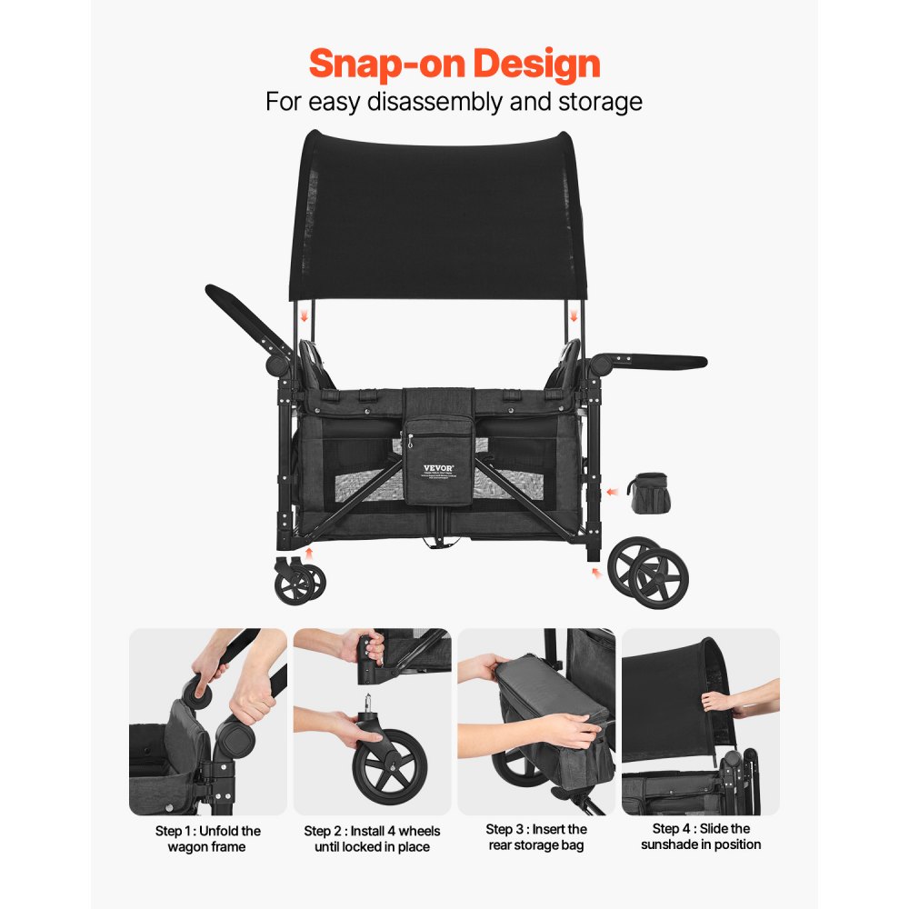 VEVOR Wagon Stroller for 4 Kids, Push Pull Quad Collapsible Stroller with Adjustable Handle, Safety Harness & Removable Canopy, 4-Seater Stroller Wagon for Camping, Dark Gray & Black (330LBS Loading)