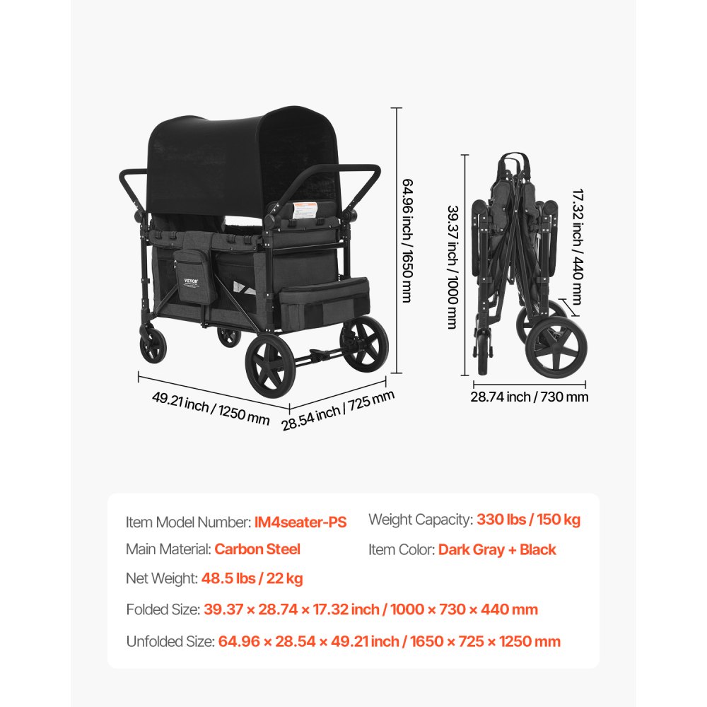 VEVOR Wagon Stroller for 4 Kids, Push Pull Quad Collapsible Stroller with Adjustable Handle, Safety Harness & Removable Canopy, 4-Seater Stroller Wagon for Camping, Dark Gray & Black (330LBS Loading)