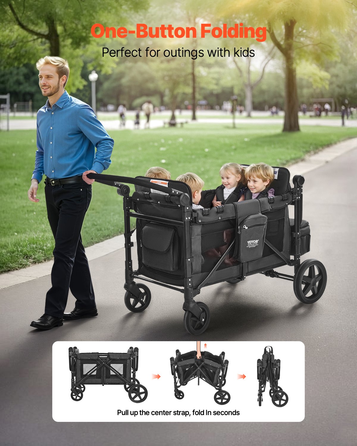 VEVOR Wagon Stroller for 4 Kids, Push Pull Quad Collapsible Stroller with Adjustable Handle, Safety Harness & Removable Canopy, 4-Seater Stroller Wagon for Camping, Dark Gray & Black (330LBS Loading)