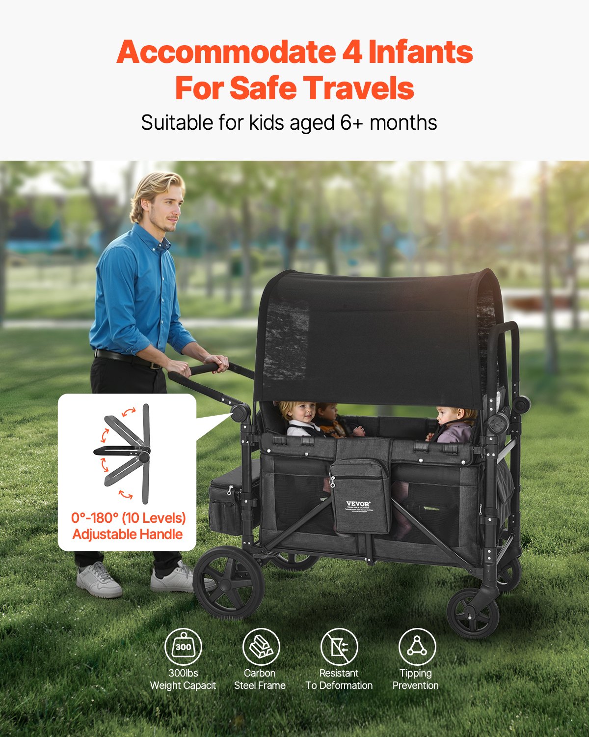 VEVOR Wagon Stroller for 4 Kids, Push Pull Quad Collapsible Stroller with Adjustable Handle, Safety Harness & Removable Canopy, 4-Seater Stroller Wagon for Camping, Dark Gray & Black (330LBS Loading)