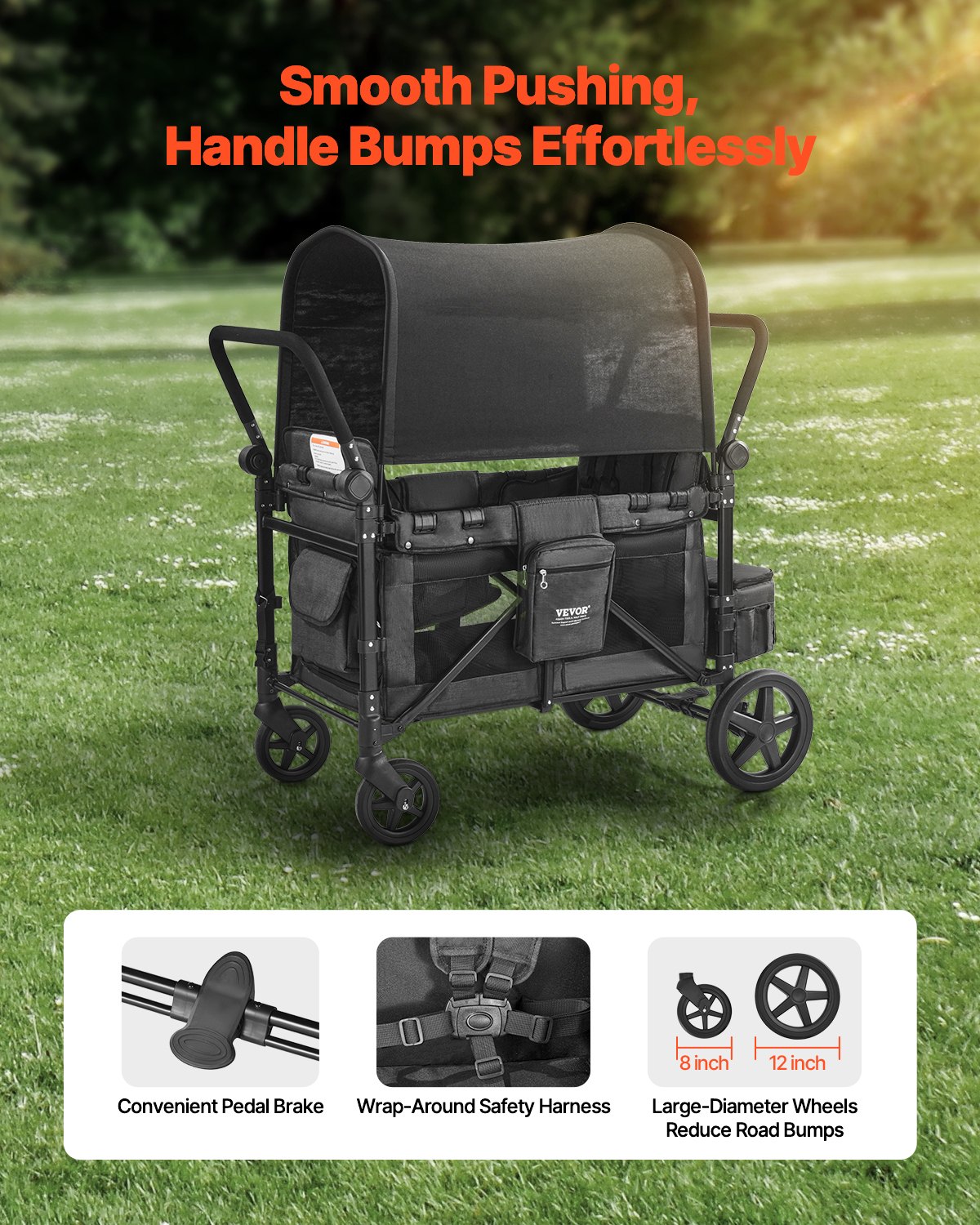 VEVOR Wagon Stroller for 4 Kids, Push Pull Quad Collapsible Stroller with Adjustable Handle, Safety Harness & Removable Canopy, 4-Seater Stroller Wagon for Camping, Dark Gray & Black (330LBS Loading)