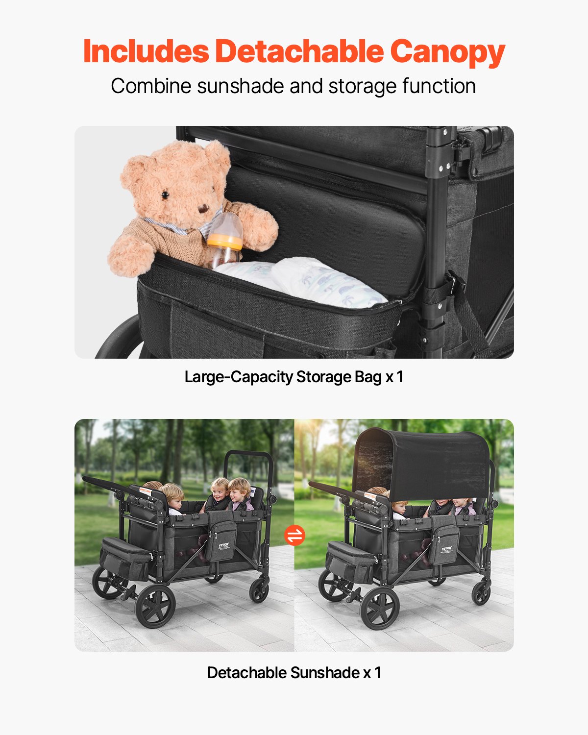 VEVOR Wagon Stroller for 4 Kids, Push Pull Quad Collapsible Stroller with Adjustable Handle, Safety Harness & Removable Canopy, 4-Seater Stroller Wagon for Camping, Dark Gray & Black (330LBS Loading)