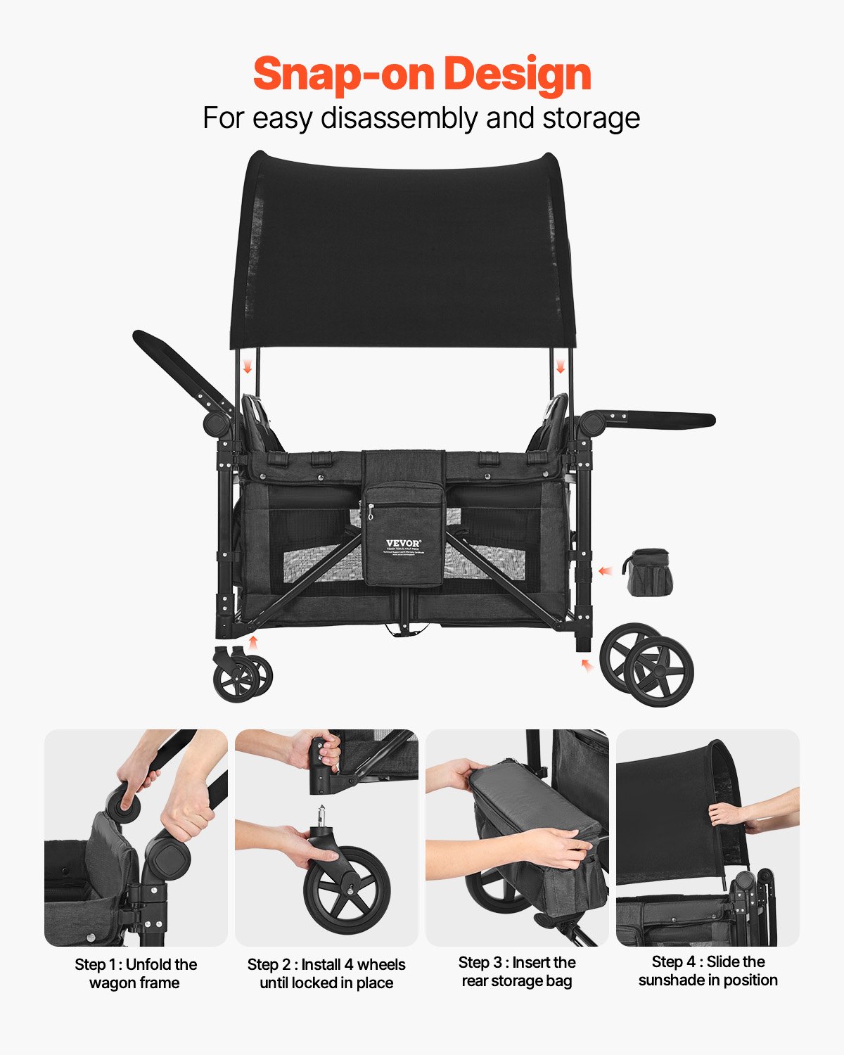 VEVOR Wagon Stroller for 4 Kids, Push Pull Quad Collapsible Stroller with Adjustable Handle, Safety Harness & Removable Canopy, 4-Seater Stroller Wagon for Camping, Dark Gray & Black (330LBS Loading)