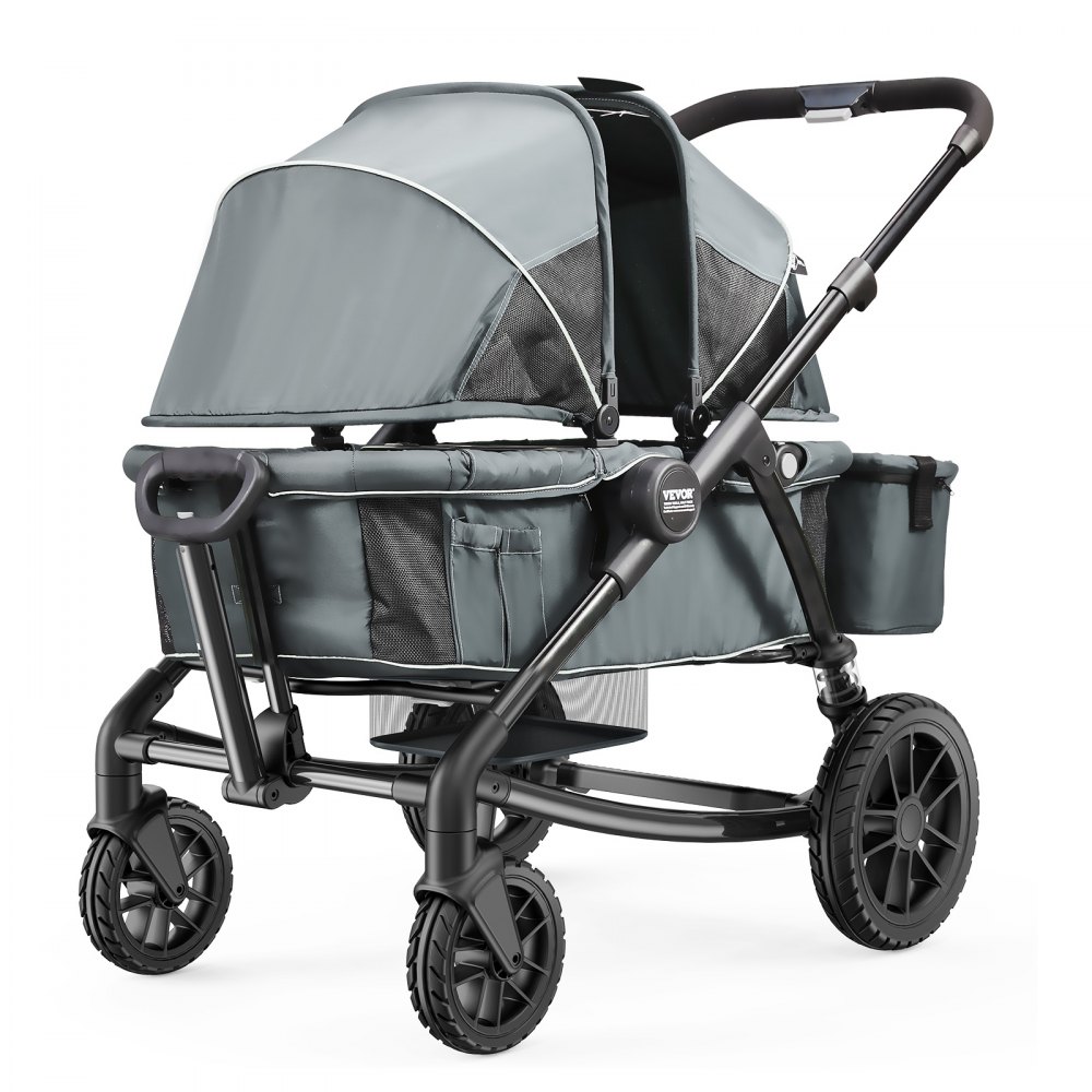 VEVOR All-Terrain Stroller Wagon, 2 Seats Foldable Expedition 2-in-1 Collapsible Wagon Stroller, Includes Canopy, Parent Organizer, Snack Tray & Cup Holders, 55lbs for Single Seat, Dark Grey/Black