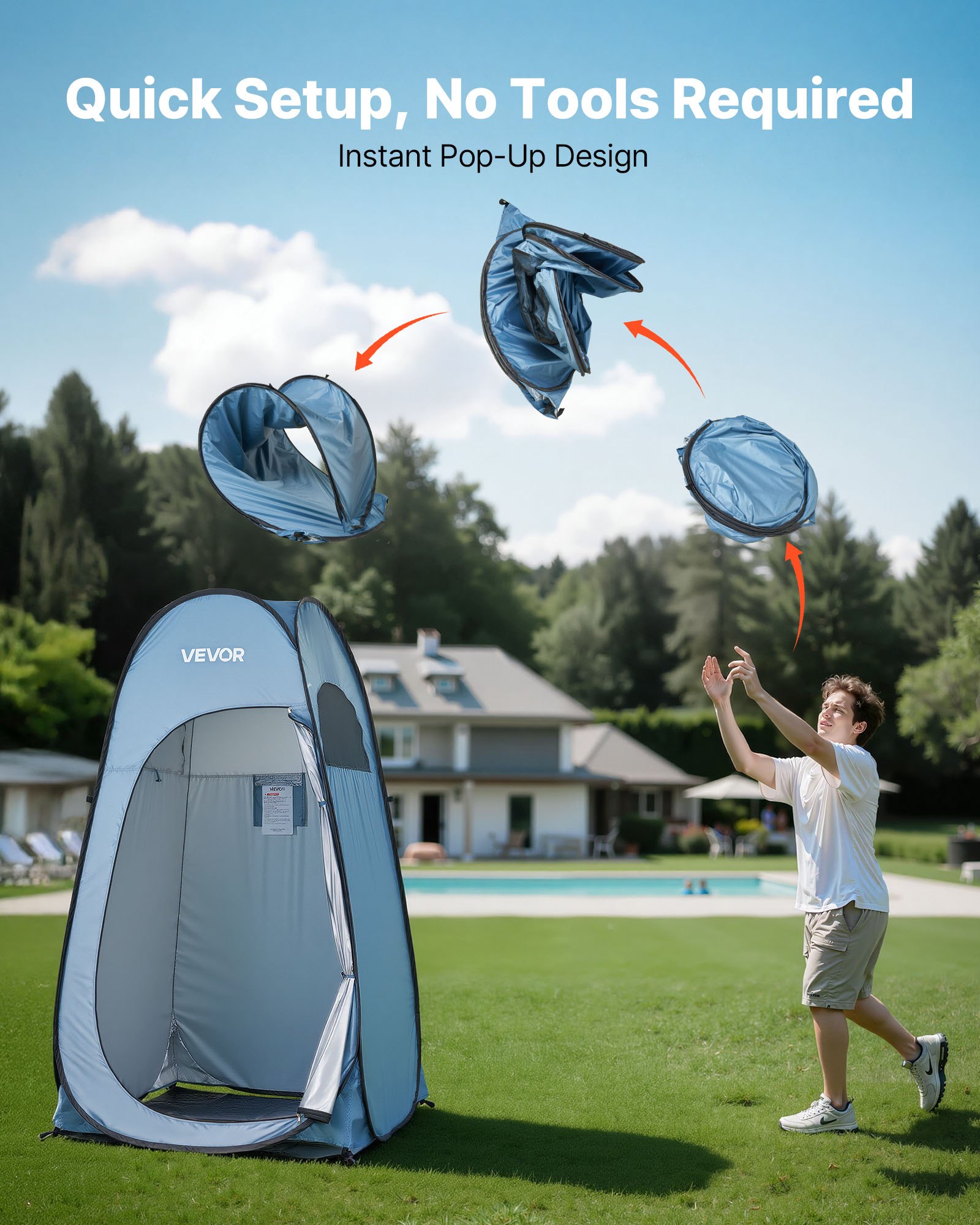 VEVOR Pop up Shower Tent, Instant Portable Privacy Tent Changing Room with Ground Stakes, Ropes, and Carry Bag, 190T Polyester with Silver Coating, Quick Setup, for Camping, Beach, Fishing, Blue
