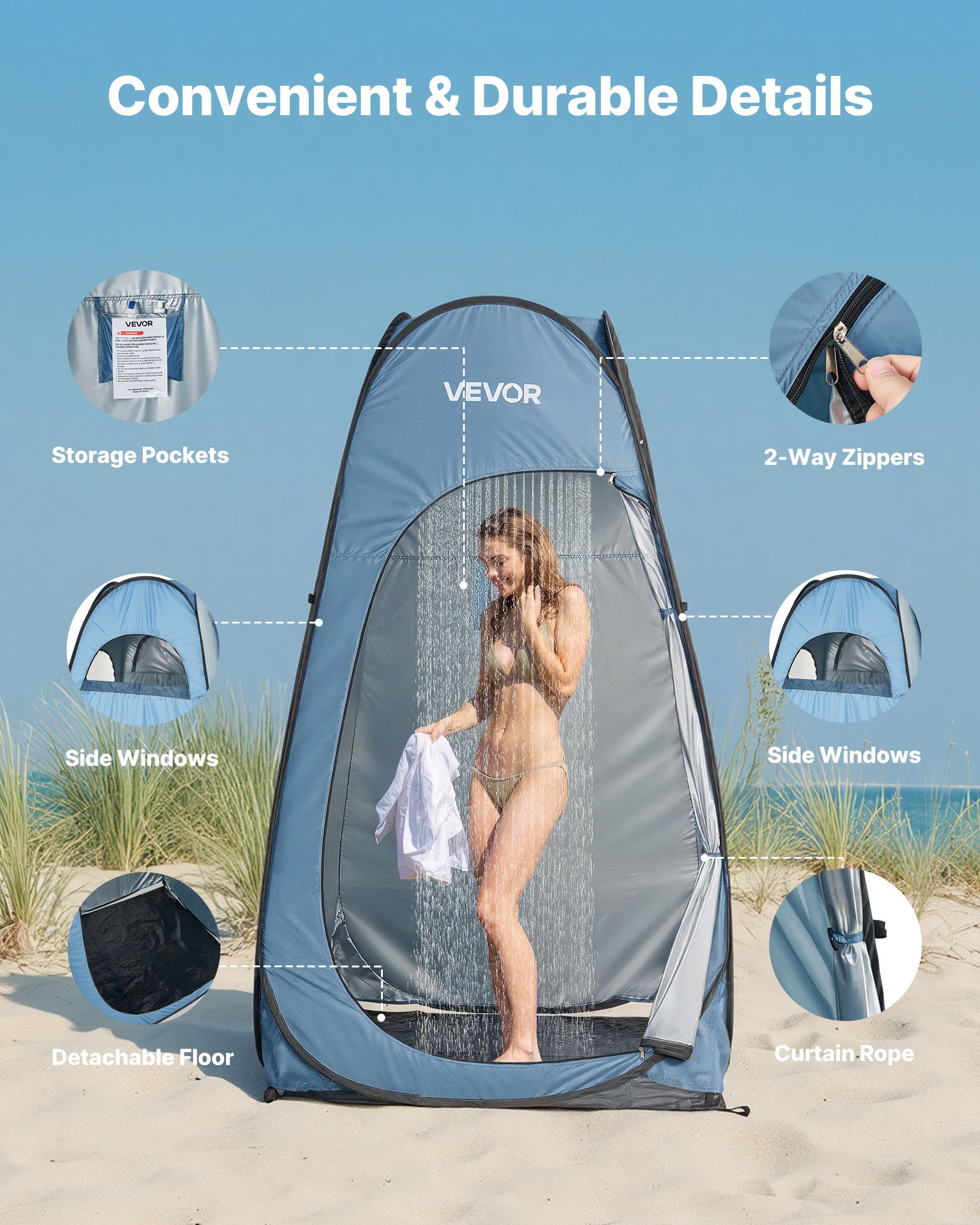 VEVOR Pop up Shower Tent, Instant Portable Privacy Tent Changing Room with Ground Stakes, Ropes, and Carry Bag, 190T Polyester with Silver Coating, Quick Setup, for Camping, Beach, Fishing, Blue