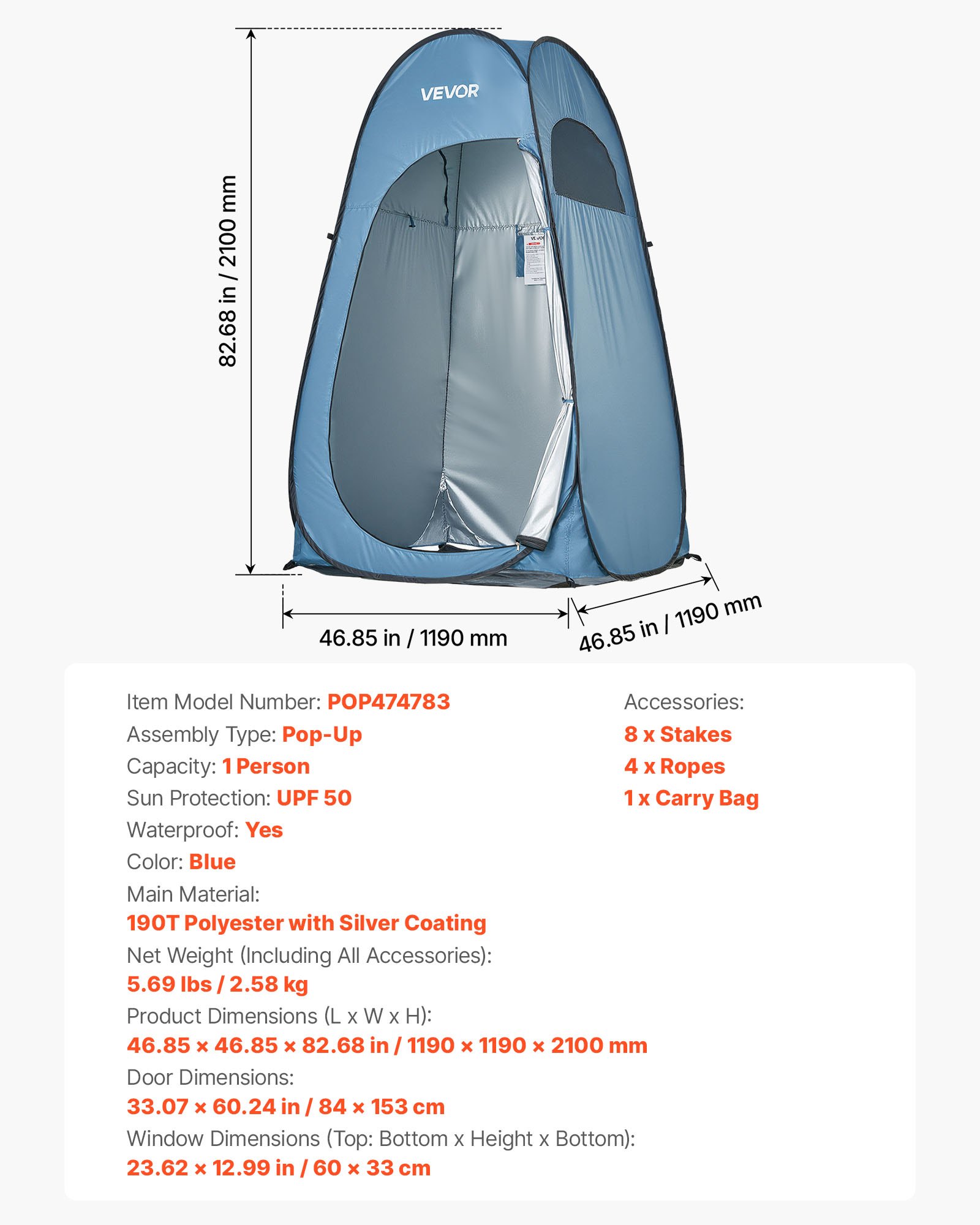 VEVOR Pop up Shower Tent, Instant Portable Privacy Tent Changing Room with Ground Stakes, Ropes, and Carry Bag, 190T Polyester with Silver Coating, Quick Setup, for Camping, Beach, Fishing, Blue