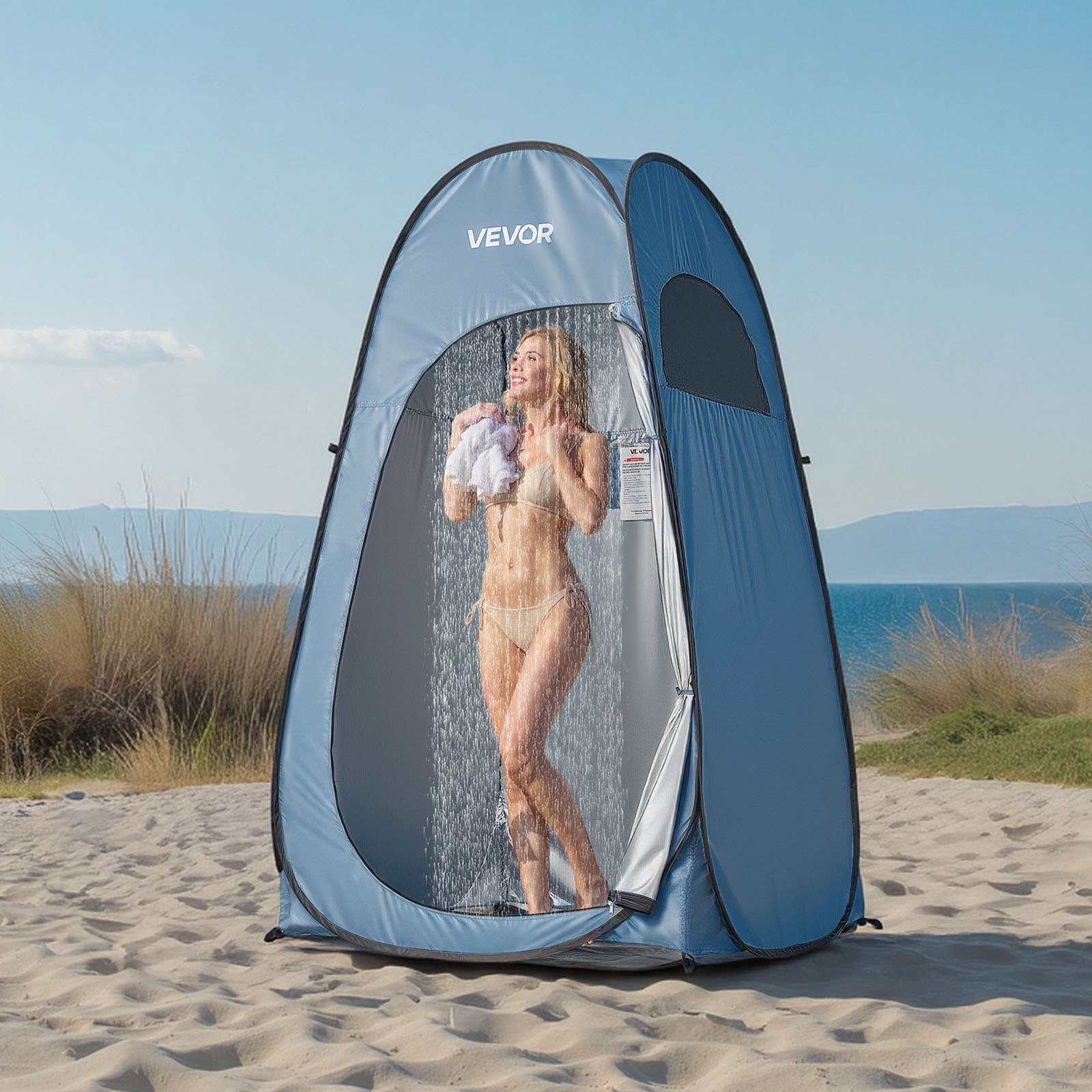 VEVOR Pop up Shower Tent, Instant Portable Privacy Tent Changing Room with Ground Stakes, Ropes, and Carry Bag, 190T Polyester with Silver Coating, Quick Setup, for Camping, Beach, Fishing, Blue