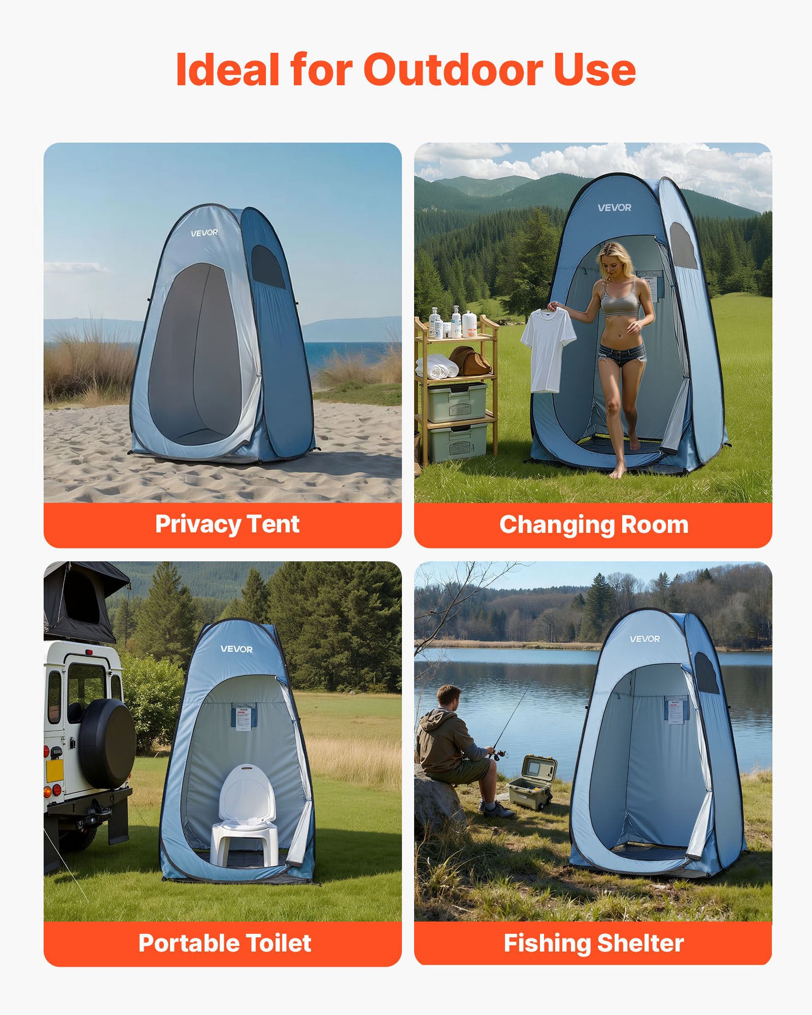 VEVOR Pop up Shower Tent, Instant Portable Privacy Tent Changing Room with Ground Stakes, Ropes, and Carry Bag, 190T Polyester with Silver Coating, Quick Setup, for Camping, Beach, Fishing, Blue