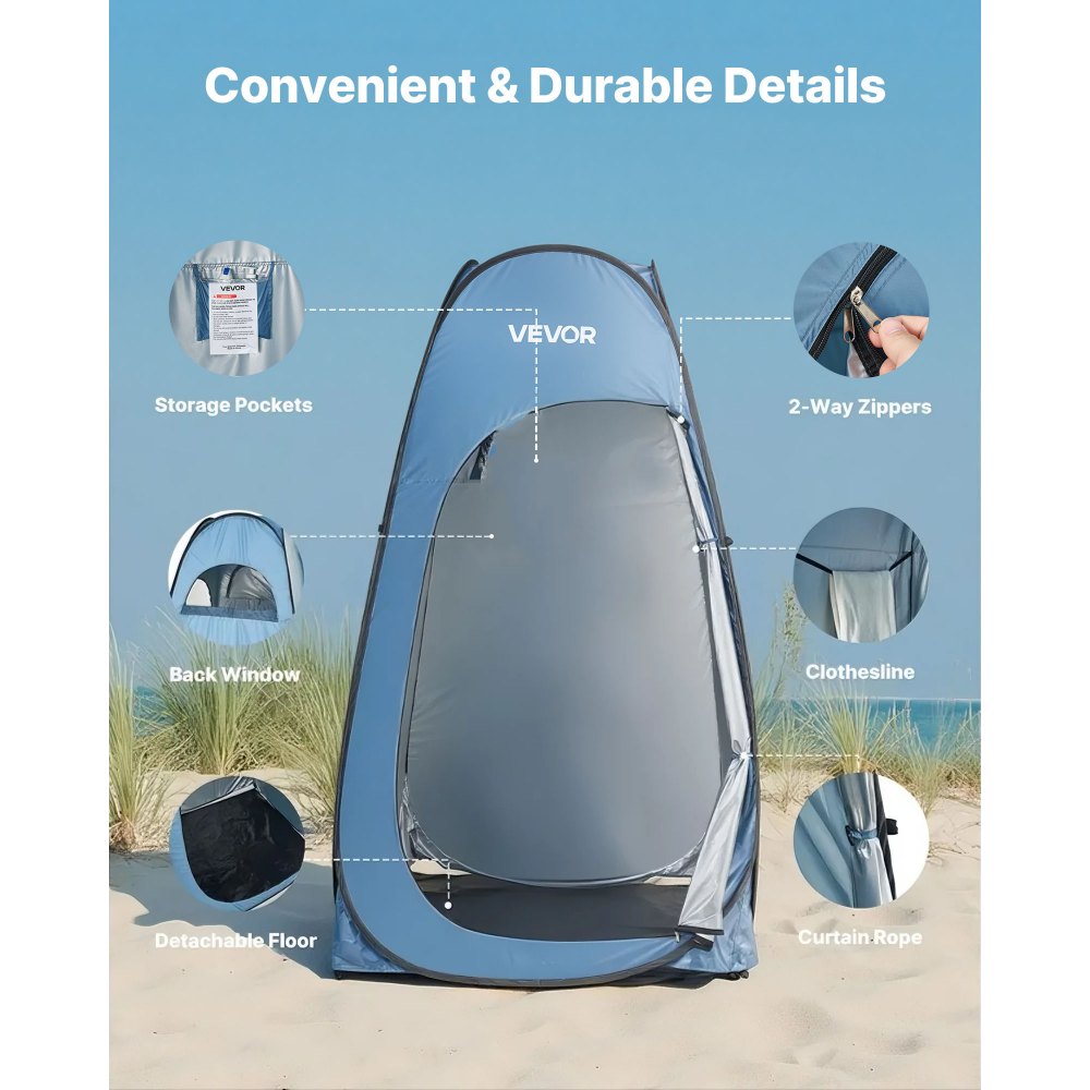 VEVOR Pop up Shower Tent, Instant Portable Privacy Tent Changing Room with Hanging Bag, Ground Stakes, Ropes, Carry Bag, 190T Polyester with Silver Coating, Quick Setup, for Camping, Beach, Fishing
