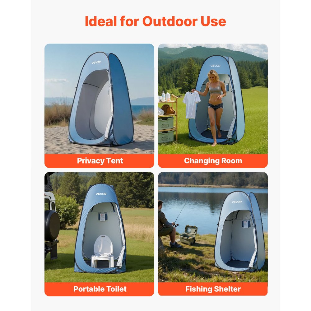 VEVOR Pop up Shower Tent, Instant Portable Privacy Tent Changing Room with Hanging Bag, Ground Stakes, Ropes, Carry Bag, 190T Polyester with Silver Coating, Quick Setup, for Camping, Beach, Fishing