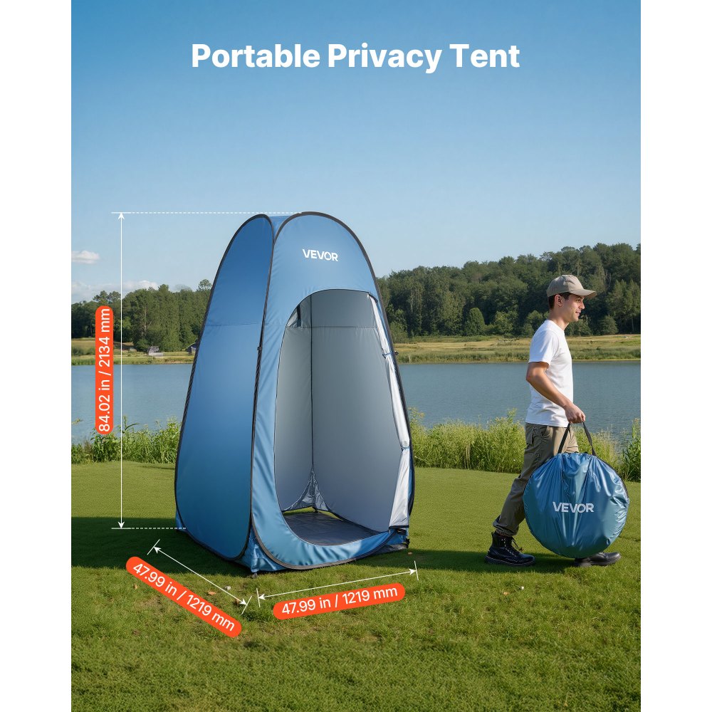 VEVOR Pop up Shower Tent, Instant Portable Privacy Tent Changing Room with Hanging Bag, Ground Stakes, Ropes, Carry Bag, 190T Polyester with Silver Coating, Quick Setup, for Camping, Beach, Fishing