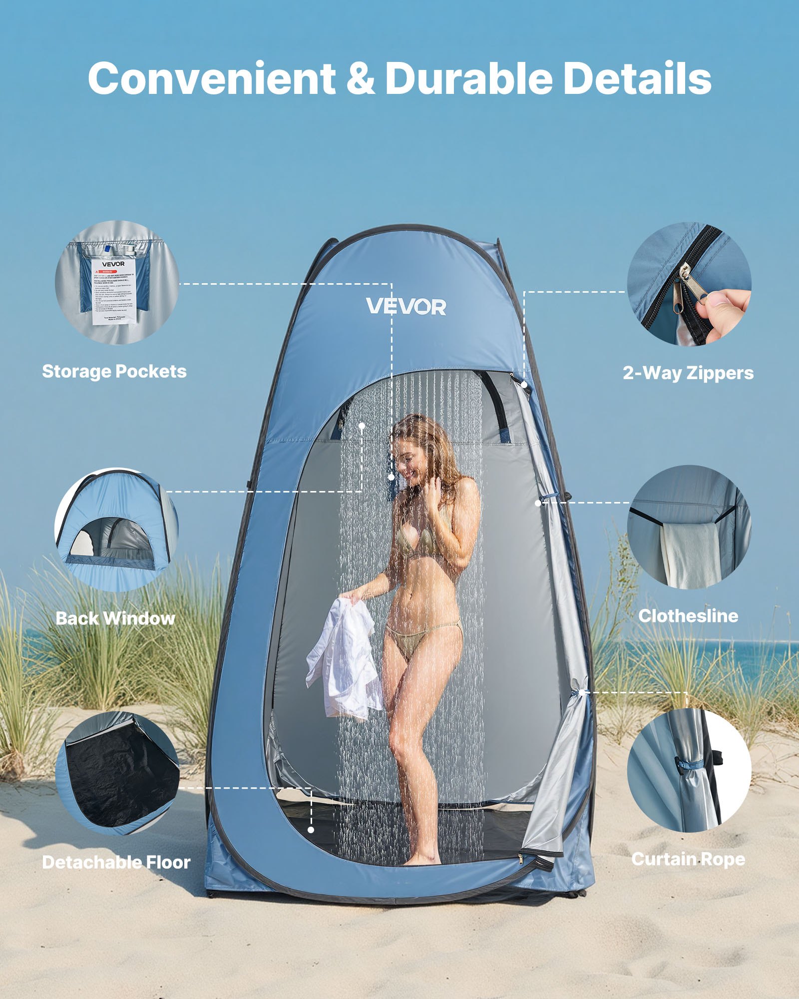 VEVOR Pop up Shower Tent, Instant Portable Privacy Tent Changing Room with Hanging Bag, Ground Stakes, Ropes, Carry Bag, 190T Polyester with Silver Coating, Quick Setup, for Camping, Beach, Fishing