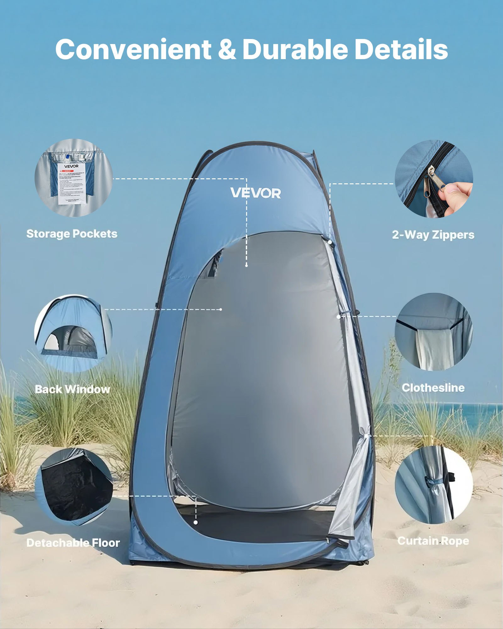 VEVOR Pop up Shower Tent, Instant Portable Privacy Tent Changing Room with Hanging Bag, Ground Stakes, Ropes, Carry Bag, 190T Polyester with Silver Coating, Quick Setup, for Camping, Beach, Fishing