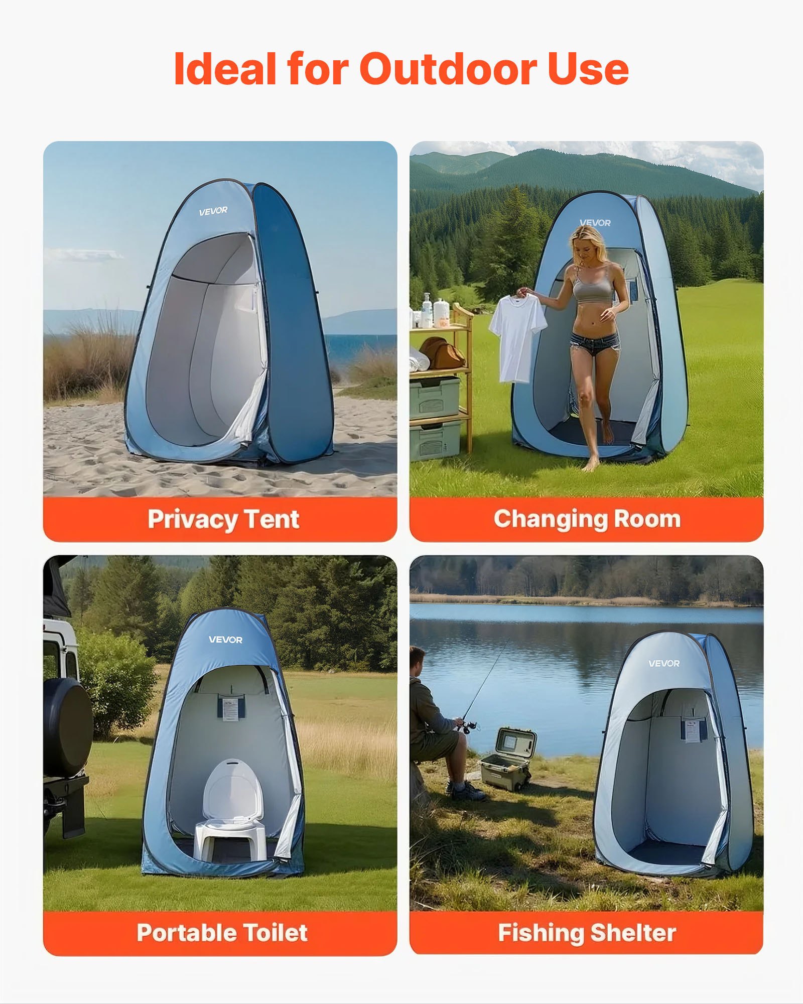 VEVOR Pop up Shower Tent, Instant Portable Privacy Tent Changing Room with Shower Bag, Ground Stakes, Ropes, Carry Bag, 190T Polyester with Silver Coating, Quick Setup, for Camping, Beach, Fishing