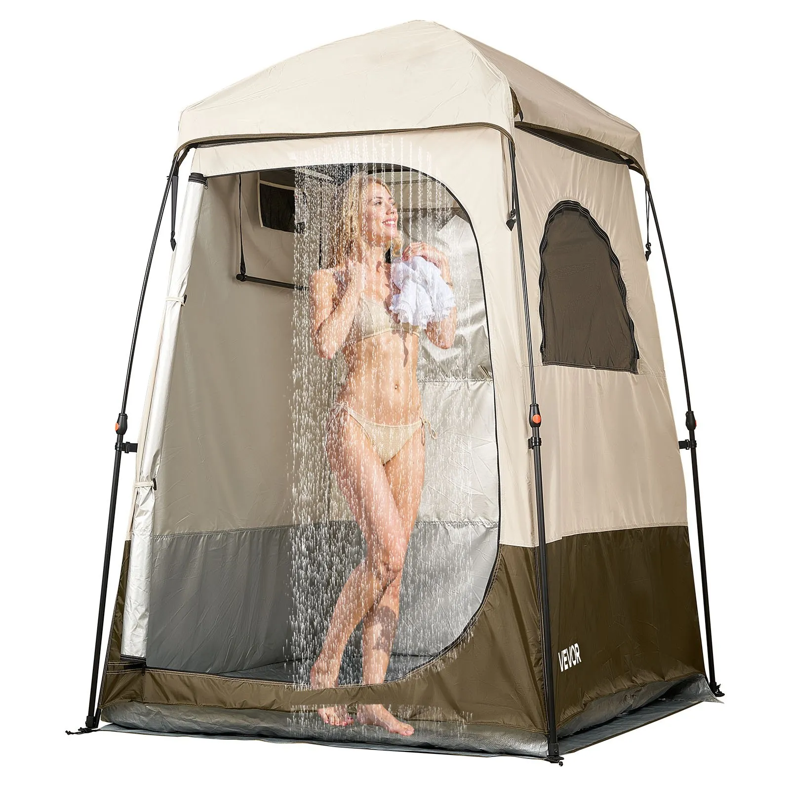 VEVOR Camping Shower Tent, 1 Room, Foldable Privacy Tent Changing Room with Ground Stakes, Ropes, Carry Bag, and Crossbar, 210D Oxford Fabric with Silver Coating, for Camping, Beach, and Fishing