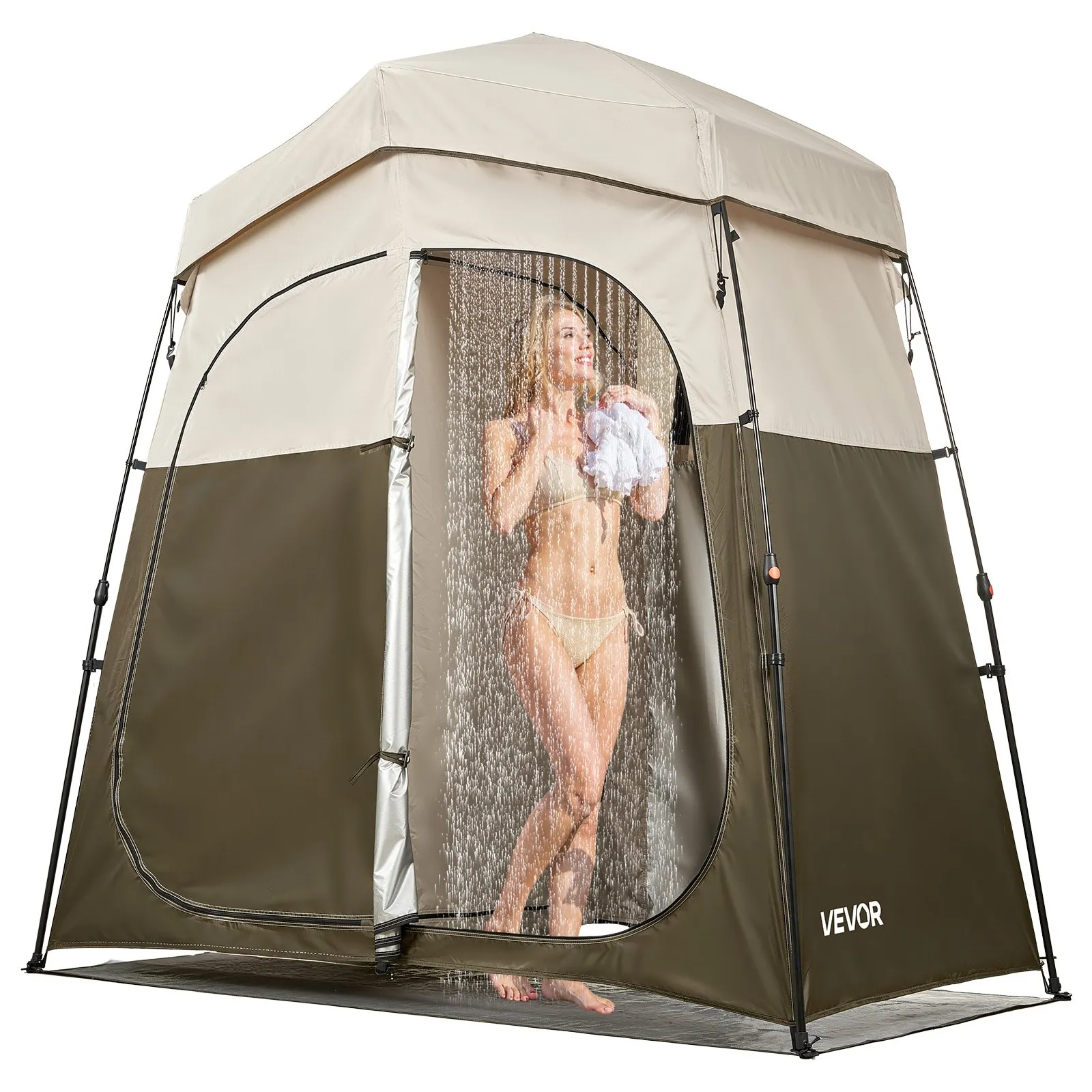 VEVOR Camping Shower Tent, 2-Room Foldable Portable Privacy Tent Changing Room with Ground Stakes, Ropes, and Carry Bag, 150D Oxford Fabric with Silver Coating, for Camping, Beach, and Fishing