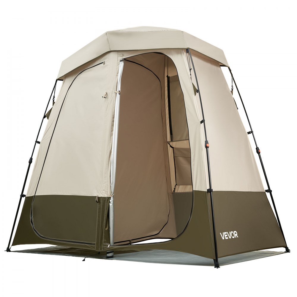 VEVOR Camping Shower Tent, 2-Room Foldable Privacy Tent Changing Room with Ground Stakes, Ropes, Carry Bag, and Crossbar, 150D Oxford Fabric with Silver Coating, for Camping, Beach, and Fishing