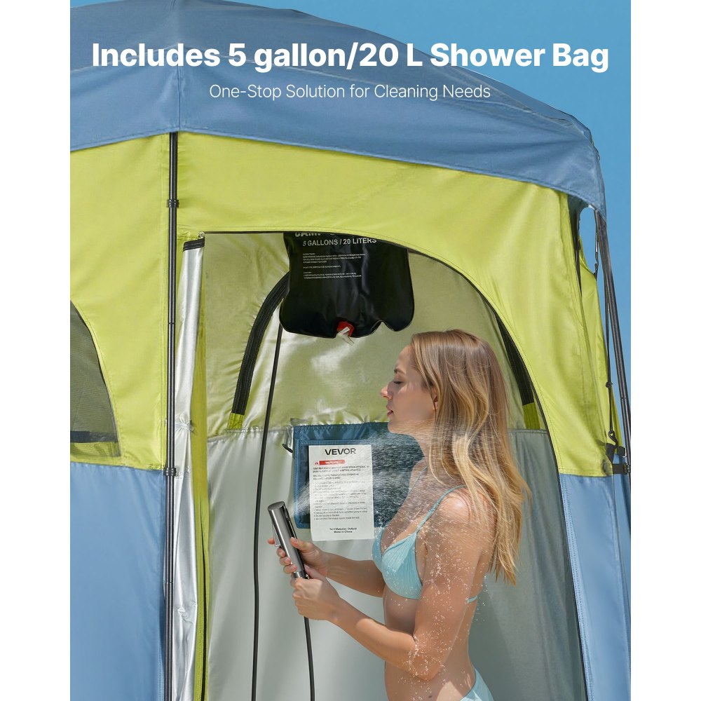 VEVOR Camping Shower Tent, 2-Room Portable Privacy Tent Changing Room with Shower Bag, Ground Stakes, Ropes, Carry Bag, and Support Poles, 150D Oxford Fabric with Silver Coating, for Camping, Fishing
