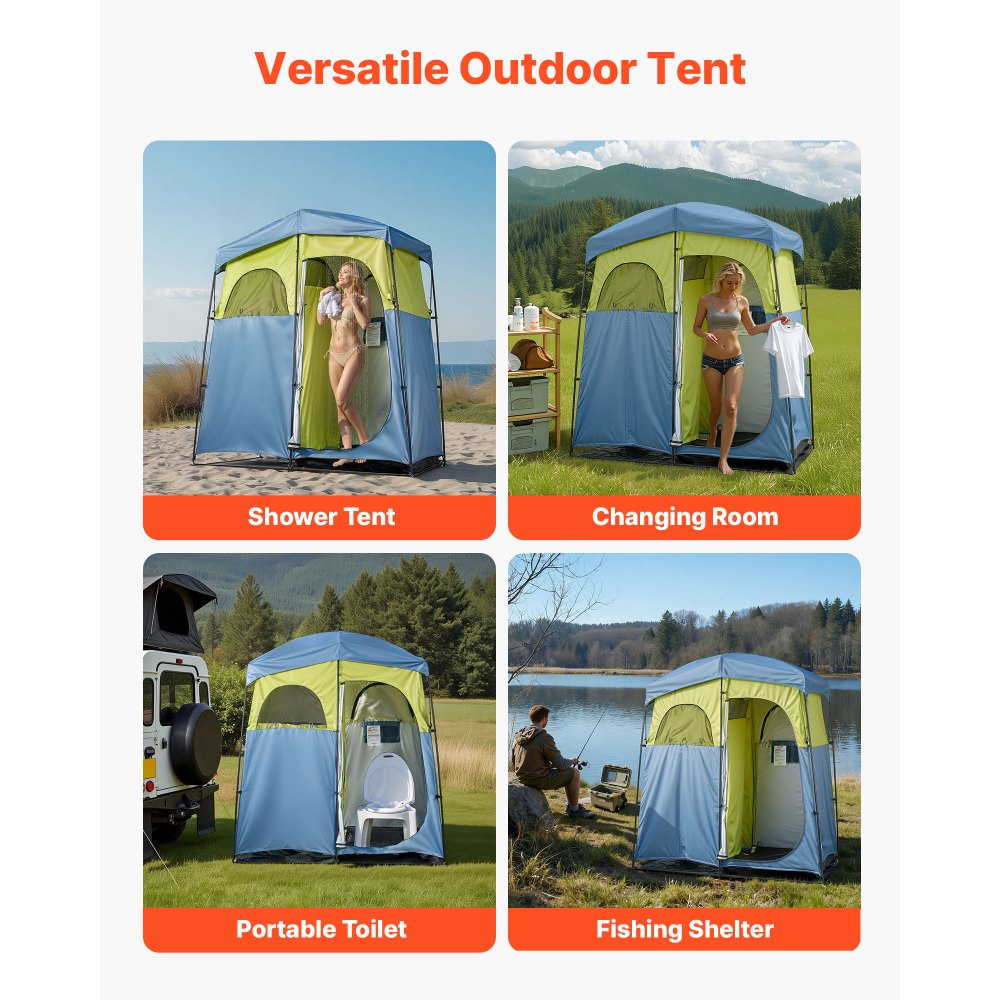 VEVOR Camping Shower Tent, 2-Room Portable Privacy Tent Changing Room with Shower Bag, Ground Stakes, Ropes, Carry Bag, and Support Poles, 150D Oxford Fabric with Silver Coating, for Camping, Fishing