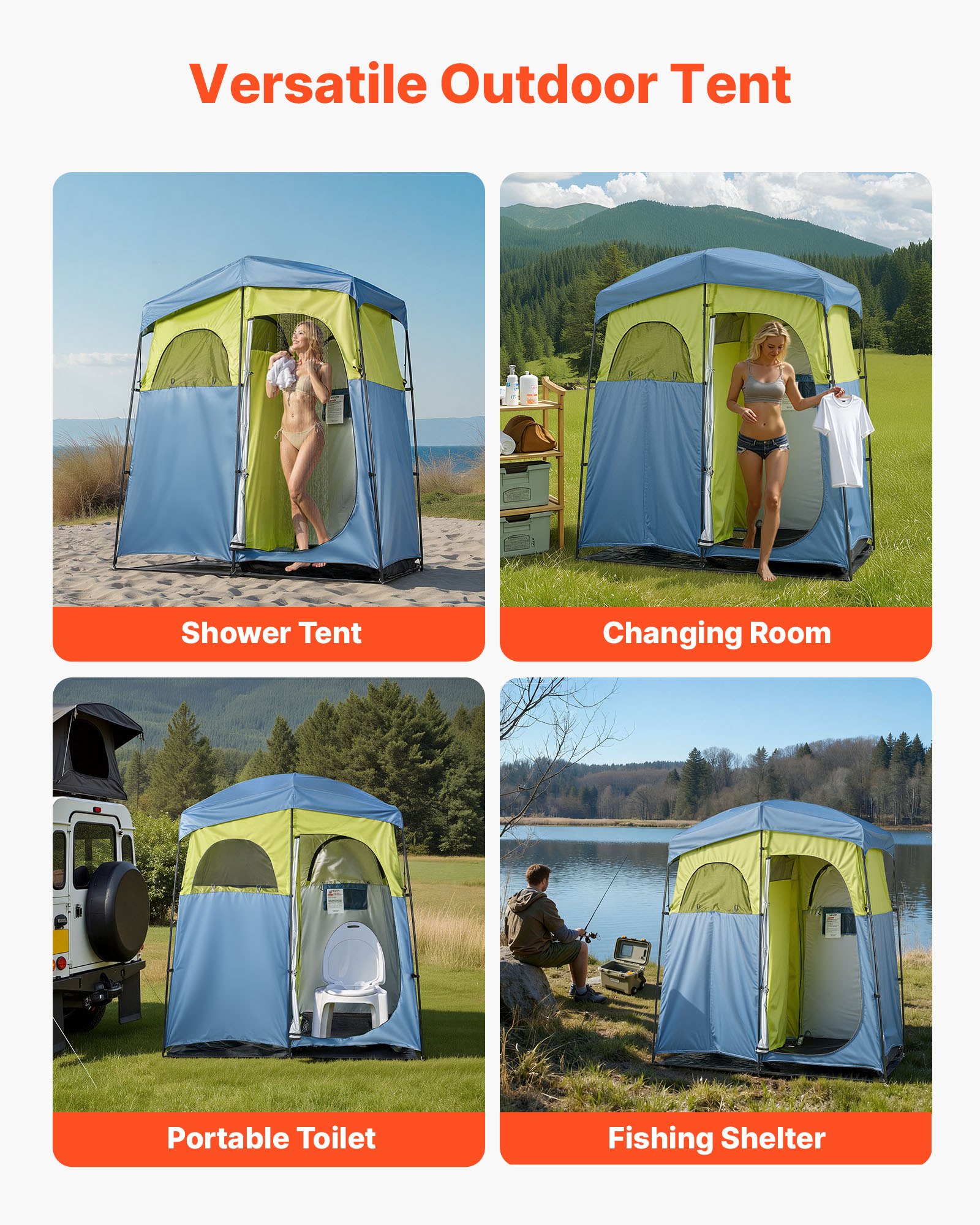 VEVOR Camping Shower Tent, 2-Room Portable Privacy Tent Changing Room with Shower Bag, Ground Stakes, Ropes, Carry Bag, and Support Poles, 150D Oxford Fabric with Silver Coating, for Camping, Fishing