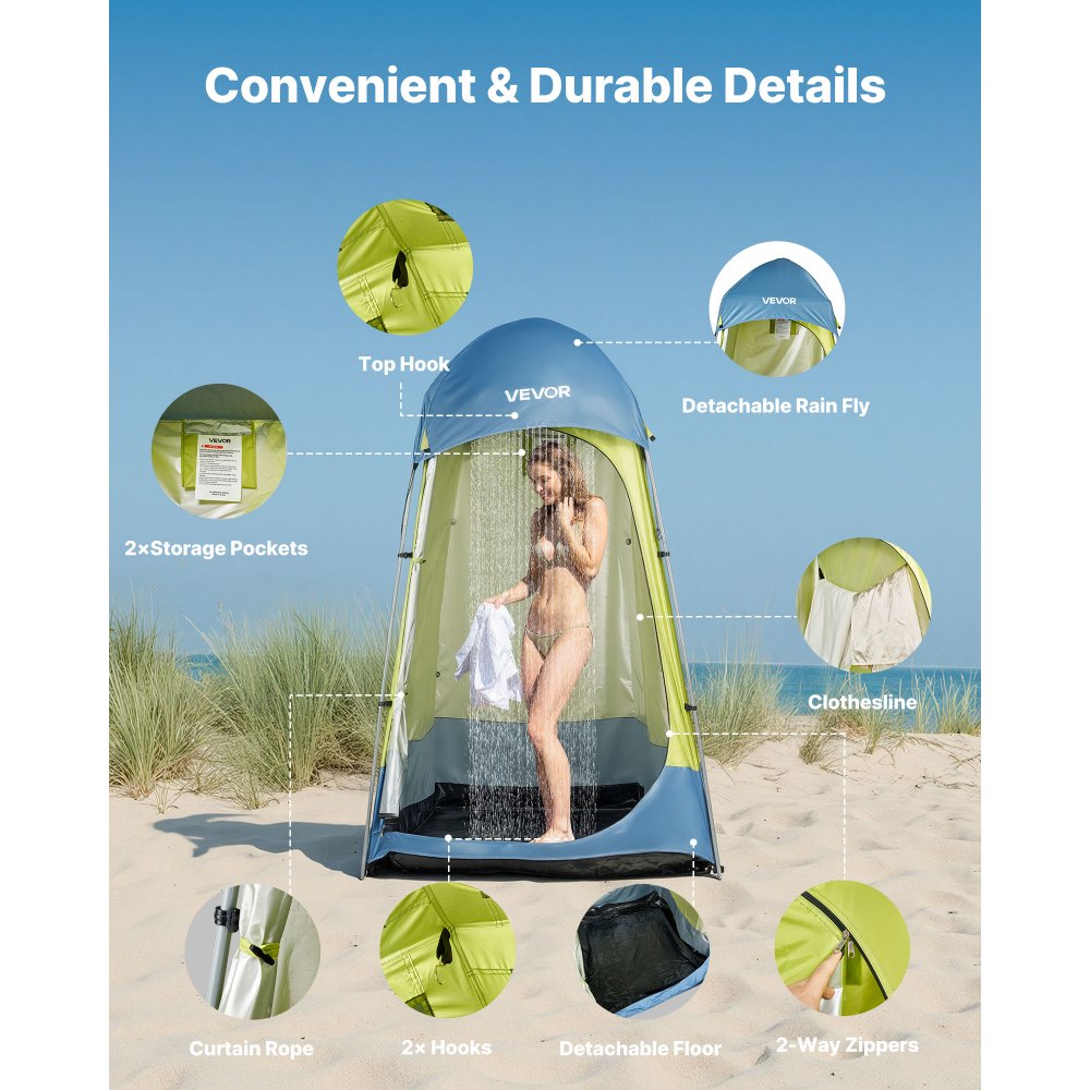 VEVOR Camping Shower Tent, 1 Room, Portable Privacy Tent Changing Room with Ground Stakes, Ropes, Carry Bag, and Steel Poles, 200D Oxford Fabric with Silver Coating, for Camping, Beach, Fishing