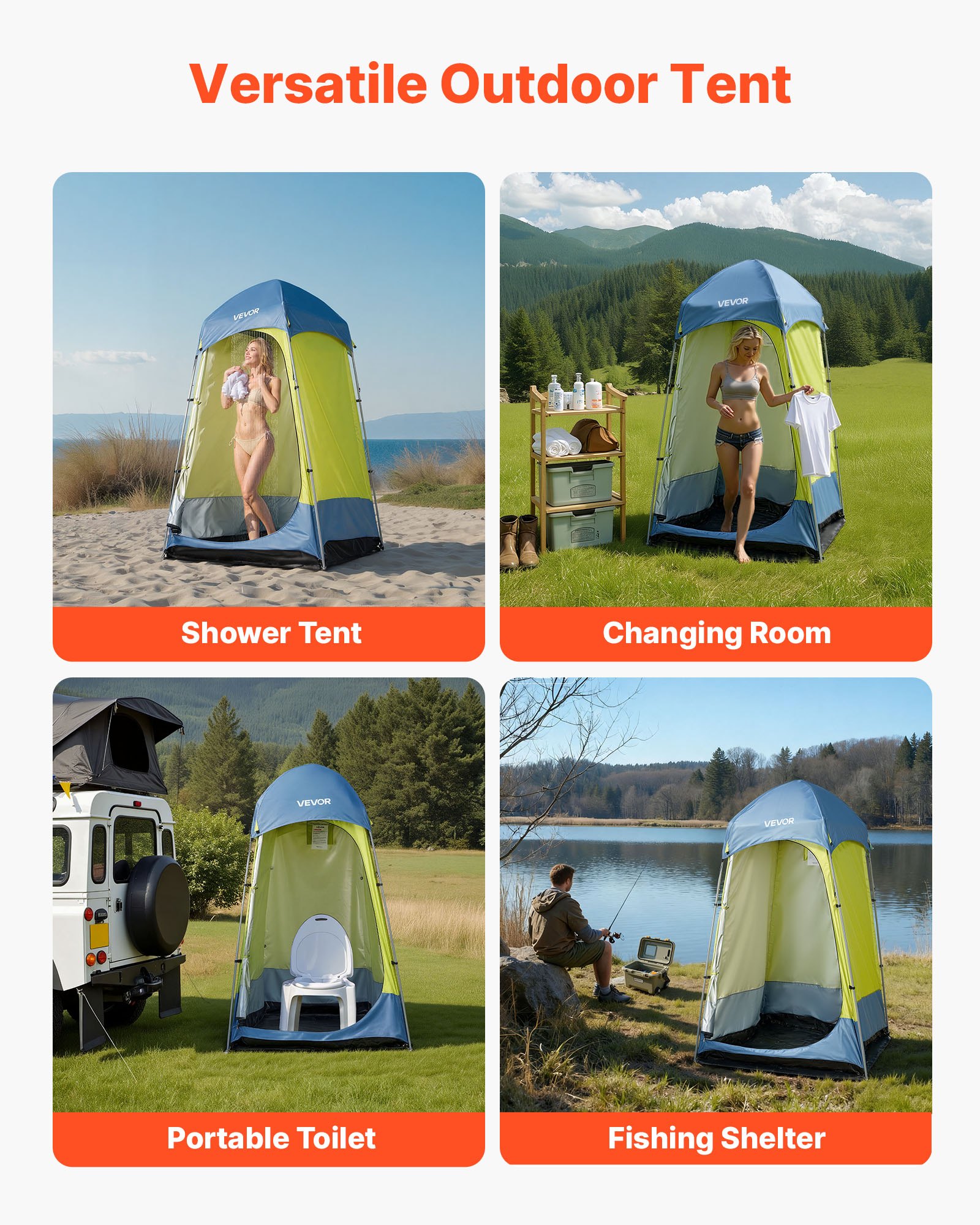 VEVOR Camping Shower Tent, 1 Room, Portable Privacy Tent Changing Room with Ground Stakes, Ropes, Carry Bag, and Steel Poles, 200D Oxford Fabric with Silver Coating, for Camping, Beach, Fishing