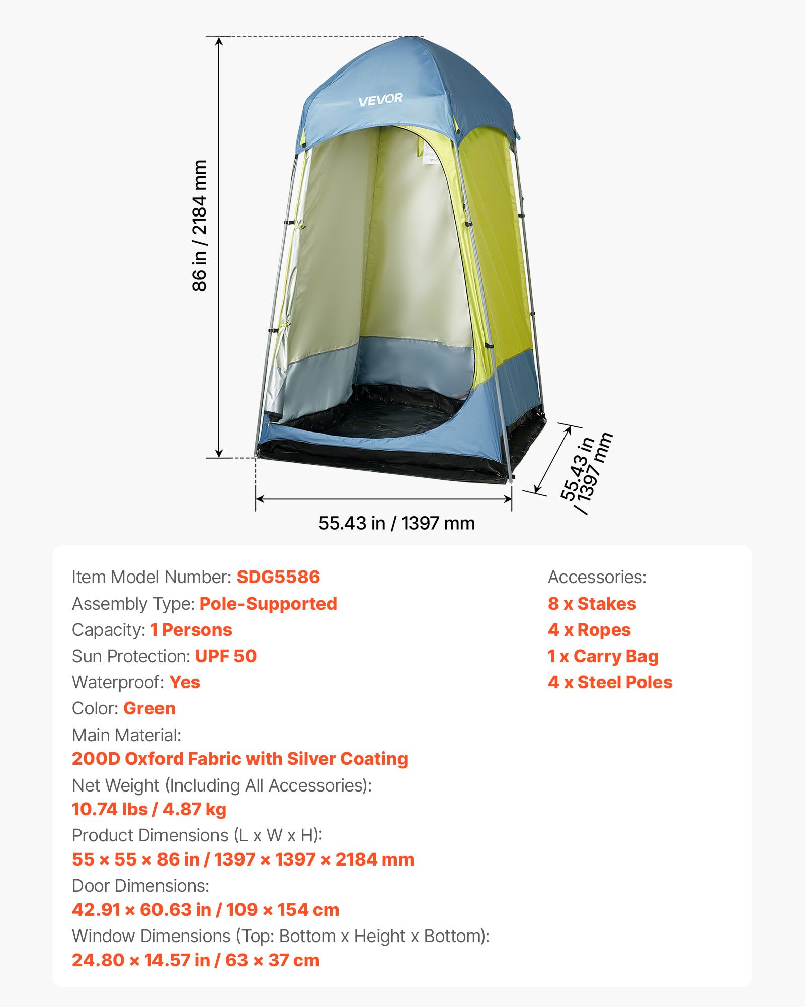 VEVOR Camping Shower Tent, 1 Room, Portable Privacy Tent Changing Room with Ground Stakes, Ropes, Carry Bag, and Steel Poles, 200D Oxford Fabric with Silver Coating, for Camping, Beach, Fishing
