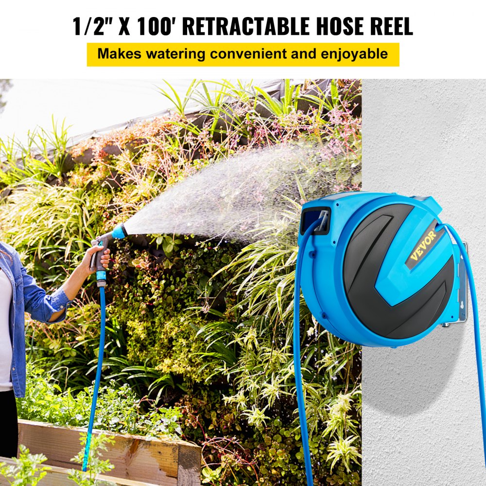 ENEACRO Retractable Garden Hose Reel with Wall Mount 1/2×100ft with 9  Pattern Hose Nozzle, Brass Connector, Auto Rewind/Any Length Lock/ 180°  Swivel Bracket, Ideal for Garden Watering : : Patio, Lawn 