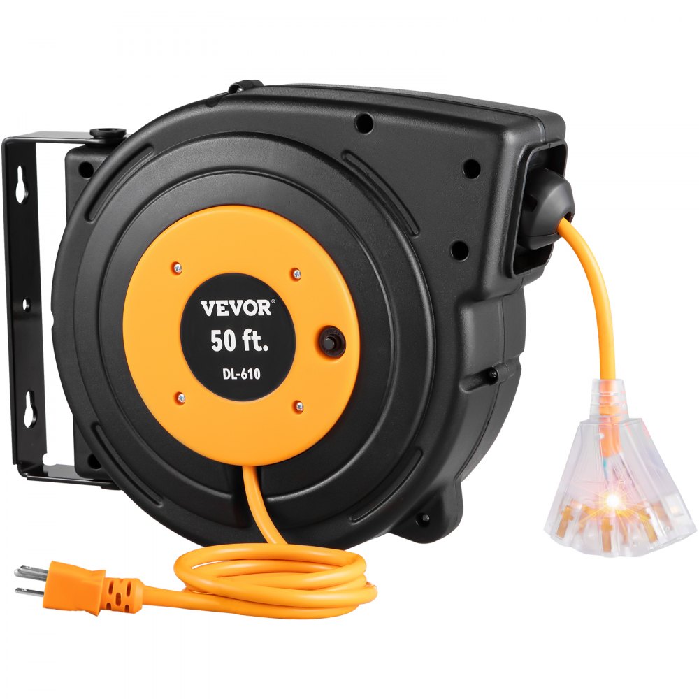 VEVOR Retractable Extension Reel, 50 FT Heavy Duty 14AWG/3C SJTOW Power Cord with Lighted Triple Tap Outlet, 13 Amp Circuit Breaker, 180° Swivel Bracket for Ceiling or Wall Mount, UL Listed, Black