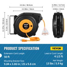 VEVOR 50ft Retractable Extension Cord Reel 14AWG/3CSJTOW Power Cord Reel