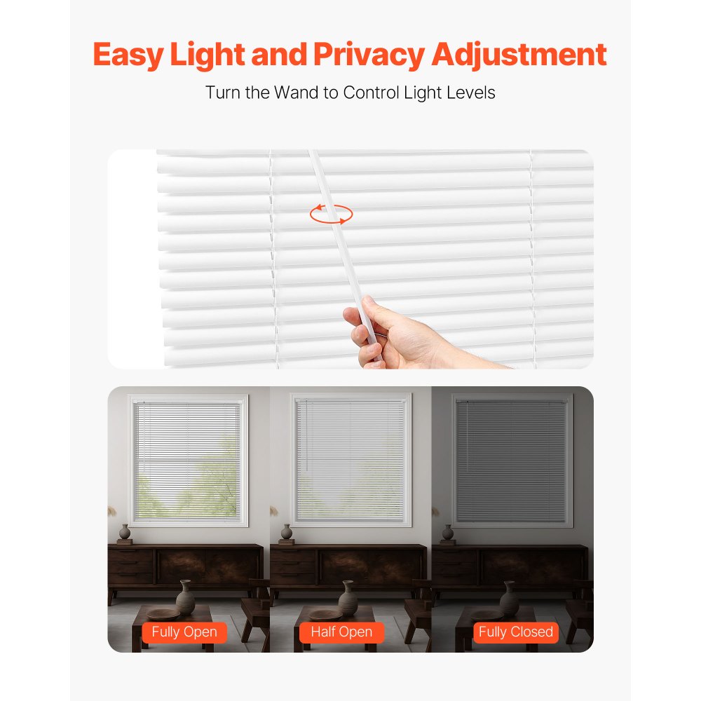 VEVOR Mini Blinds, 43.3" W x 48" H, 1" Slat Size, Cordless Horizontal Light Filtering No-Drill Mini Blind for Indoor Windows, Easy to Clean and Adjustable, for Home Decor, Room Darkening, White