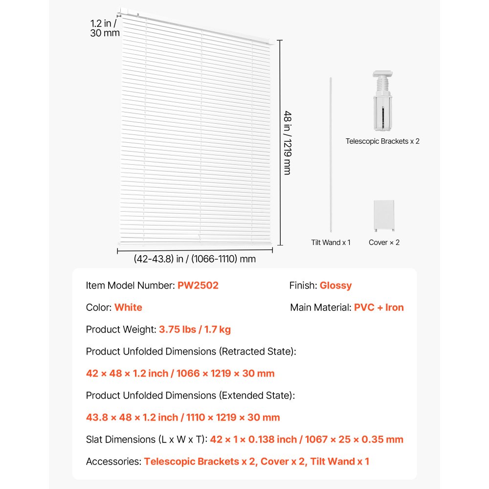 VEVOR Mini Blinds, 43.3" W x 48" H, 1" Slat Size, Cordless Horizontal Light Filtering No-Drill Mini Blind for Indoor Windows, Easy to Clean and Adjustable, for Home Decor, Room Darkening, White