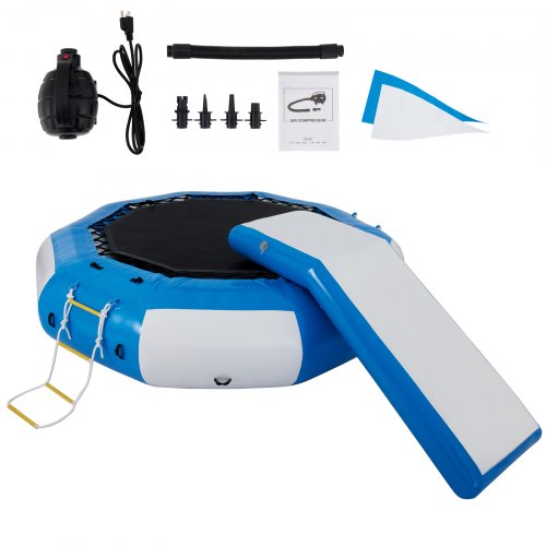 VEVOR Inflatable Water Trampoline 10ft , Round Inflatable Water Bouncer with Yellow Escalator and 4-Step Ladder, Water Trampoline in Blue and White for Water Sports.