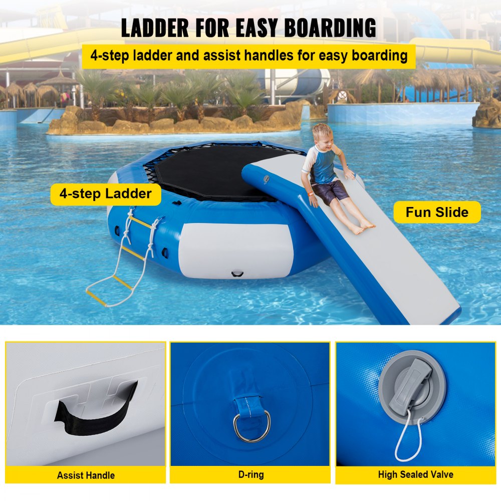 VEVOR Inflatable Water Trampoline 10ft , Round Inflatable Water Bouncer with Yellow Escalator and 4-Step Ladder, Water Trampoline in Blue and White for Water Sports.